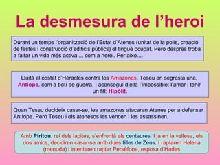 La desmesura de l’heroi
Durant un temps l’organització de l’Estat d’Atenes (unitat de la polis, creació
de festes i construcció d’edificis públics) el tingué ocupat. Però després trobà
a faltar un vida més activa ... com a heroi. Per això....



  Lluità al costat d’Hèracles contra les Amazones. Teseu en segresta una,
 Antíope, com a botí de guerra. I aconseguí d’ella l’impossible: l’amor i tenir
                                 un fill: Hipòlit.


Quan Teseu decideix casar-se, les amazones atacaran Atenes per a defensar
Antíope. Però Teseu i els atenesos les vencen i les assassinen.


   Amb Piritou, rei dels lapites, s’enfrontà als centaures. I ja en la vellesa, els
    dos amics, decidiren casar-se amb dues filles de Zeus. I raptaren Helena
            (menuda) i intentaren raptar Persèfone, esposa d’Hades
 