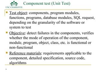 6 
Component test (Unit Test) 
 Test object: components, program modules, 
functions, programs, database modules, SQL request, 
depending on the granularity of the software or 
system to test 
 Objective: detect failures in the components, verifies 
whether the mode of operation of the component, 
module, program, object, class, etc. is functional or 
non-functional 
 Reference materials: requirements applicable to the 
component, detailed specification, source code, 
algorithms 
 