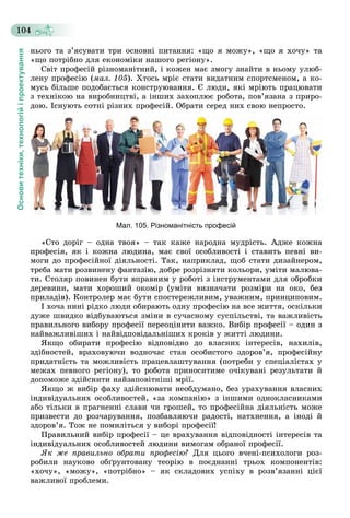 Основитехніки,технологійіпроектування
104
íüîãî òà ç’ÿñóâàòè òðè îñíîâíі ïèòàííÿ: «ùî ÿ ìîæó», «ùî ÿ õî÷ó» òà
«ùî ïîòðіáíî äëÿ åêîíîìіêè íàøîãî ðåãіîíó».
Ñâіò ïðîôåñіé ðіçíîìàíіòíèé, і êîæåí ìàє çìîãó çíàéòè â íüîìó óëþá-
ëåíó ïðîôåñіþ (ìàë. 105). Õòîñü ìðіє ñòàòè âèäàòíèì ñïîðòñìåíîì, à êî-
ìóñü áіëüøå ïîäîáàєòüñÿ êîíñòðóþâàííÿ. Є ëþäè, ÿêі ìðіþòü ïðàöþâàòè
ç òåõíіêîþ íà âèðîáíèöòâі, à іíøèõ çàõîïëþє ðîáîòà, ïîâ’ÿçàíà ç ïðèðî-
äîþ. Іñíóþòü ñîòíі ðіçíèõ ïðîôåñіé. Îáðàòè ñåðåä íèõ ñâîþ íåïðîñòî.
Мал. 105. Різноманітність професій
«Ñòî äîðіã – îäíà òâîÿ» – òàê êàæå íàðîäíà ìóäðіñòü. Àäæå êîæíà
ïðîôåñіÿ, ÿê і êîæíà ëþäèíà, ìàє ñâîї îñîáëèâîñòі і ñòàâèòü ïåâíі âè-
ìîãè äî ïðîôåñіéíîї äіÿëüíîñòі. Òàê, íàïðèêëàä, ùîá ñòàòè äèçàéíåðîì,
òðåáà ìàòè ðîçâèíåíó ôàíòàçіþ, äîáðå ðîçðіçíÿòè êîëüîðè, óìіòè ìàëþâà-
òè. Ñòîëÿð ïîâèíåí áóòè âïðàâíèì ó ðîáîòі ç іíñòðóìåíòàìè äëÿ îáðîáêè
äåðåâèíè, ìàòè õîðîøèé îêîìіð (óìіòè âèçíà÷àòè ðîçìіðè íà îêî, áåç
ïðèëàäіâ). Êîíòðîëåð ìàє áóòè ñïîñòåðåæëèâèì, óâàæíèì, ïðèíöèïîâèì.
І õî÷à íèíі ðіäêî ëþäè îáèðàþòü îäíó ïðîôåñіþ íà âñå æèòòÿ, îñêіëüêè
äóæå øâèäêî âіäáóâàþòüñÿ çìіíè â ñó÷àñíîìó ñóñïіëüñòâі, òà âàæëèâіñòü
ïðàâèëüíîãî âèáîðó ïðîôåñії ïåðåîöіíèòè âàæêî. Âèáіð ïðîôåñії – îäèí ç
íàéâàæëèâіøèõ і íàéâіäïîâіäàëüíіøèõ êðîêіâ ó æèòòі ëþäèíè.
ßêùî îáèðàòè ïðîôåñіþ âіäïîâіäíî äî âëàñíèõ іíòåðåñіâ, íàõèëіâ,
çäіáíîñòåé, âðàõîâóþ÷è âîäíî÷àñ ñòàí îñîáèñòîãî çäîðîâ’ÿ, ïðîôåñіéíó
ïðèäàòíіñòü òà ìîæëèâіñòü ïðàöåâëàøòóâàííÿ (ïîòðåáè ó ñïåöіàëіñòàõ ó
ìåæàõ ïåâíîãî ðåãіîíó), òî ðîáîòà ïðèíîñèòèìå î÷іêóâàíі ðåçóëüòàòè é
äîïîìîæå çäіéñíèòè íàéçàïîâіòíіøі ìðії.
ßêùî æ âèáіð ôàõó çäіéñíþâàòè íåîáäóìàíî, áåç óðàõóâàííÿ âëàñíèõ
іíäèâіäóàëüíèõ îñîáëèâîñòåé, «çà êîìïàíіþ» ç іíøèìè îäíîêëàñíèêàìè
àáî òіëüêè â ïðàãíåííі ñëàâè ÷è ãðîøåé, òî ïðîôåñіéíà äіÿëüíіñòü ìîæå
ïðèçâåñòè äî ðîç÷àðóâàííÿ, ïîçáàâëÿþ÷è ðàäîñòі, íàòõíåííÿ, à іíîäі é
çäîðîâ’ÿ. Òîæ íå ïîìèëіòüñÿ ó âèáîðі ïðîôåñії!
Ïðàâèëüíèé âèáіð ïðîôåñії – öå âðàõóâàííÿ âіäïîâіäíîñòі іíòåðåñіâ òà
іíäèâіäóàëüíèõ îñîáëèâîñòåé ëþäèíè âèìîãàì îáðàíîї ïðîôåñії.
ßê æå ïðàâèëüíî îáðàòè ïðîôåñіþ? Äëÿ öüîãî â÷åíі-ïñèõîëîãè ðîç-
ðîáèëè íàóêîâî îáґðóíòîâàíó òåîðіþ â ïîєäíàííі òðüîõ êîìïîíåíòіâ:
«õî÷ó», «ìîæó», «ïîòðіáíî» – ÿê ñêëàäîâèõ óñïіõó â ðîçâ’ÿçàííі öієї
âàæëèâîї ïðîáëåìè.
 