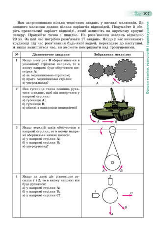 Основитехніки,технологійіпроектування
107
Âàì çàïðîïîíîâàíî êіëüêà òåõíі÷íèõ çàâäàíü ó âèãëÿäі ìàëþíêіâ. Äî
êîæíîãî ìàëþíêà äîäàíî êіëüêà âàðіàíòіâ âіäïîâіäåé. Ïîäóìàéòå é îáå-
ðіòü ïðàâèëüíèé âàðіàíò âіäïîâіäі, ÿêèé çàïèøіòü íà îêðåìîìó àðêóøі
ïàïåðó. Ïðàöþéòå òî÷íî і øâèäêî. Íà ðîçâ’ÿçàííÿ çàâäàíü âіäâåäåíî
20 õâ. Çà öåé ÷àñ ïîòðіáíî ðîçâ’ÿçàòè 17 çàâäàíü. ßêùî ó âàñ âèíèêàþòü
òðóäíîùі ïіä ÷àñ ðîçâ’ÿçàííÿ áóäü-ÿêîї çàäà÷і, ïåðåõîäüòå äî íàñòóïíîї.
À ÿêùî çàëèøèòüñÿ ÷àñ, âè çìîæåòå ïîìіðêóâàòè íàä ïðîïóùåíèìè.
№ Äіàãíîñòè÷íå çàâäàííÿ Çîáðàæåííÿ ìåõàíіçìó
1 ßêùî øåñòіðíÿ Â îáåðòàòèìåòüñÿ â
óêàçàíîìó ñòðіëêîþ íàïðÿìі, òî â
ÿêîìó íàïðÿìі áóäå îáåðòàòèñÿ øå-
ñòіðíÿ À:
à) çà ãîäèííèêîâîþ ñòðіëêîþ;
á) ïðîòè ãîäèííèêîâîї ñòðіëêè;
â) óïåðåä-íàçàä?
2 ßêà ãóñåíèöÿ òàíêà ïîâèííà ðóõà-
òèñÿ øâèäøå, ùîá âіí ïîâåðòàâñÿ ó
íàïðÿìі ñòðіëêè:
à) ãóñåíèöÿ À;
á) ãóñåíèöÿ Â;
â) îáèäâі ç îäíàêîâîþ øâèäêіñòþ?
3 ßêùî âåðõíіé øêіâ îáåðòàєòüñÿ â
íàïðÿìі ñòðіëêè, òî â ÿêîìó íàïðÿ-
ìі îáåðòàєòüñÿ íèæíє êîëåñî:
à) ó íàïðÿìі ñòðіëêè À;
á) ó íàïðÿìі ñòðіëêè Â;
â) óïåðåä-íàçàä?
4 ßêùî íà äèñê äіє ðіâíîìіðíå çó-
ñèëëÿ 1 і 2, òî â ÿêîìó íàïðÿìі âіí
áóäå ðóõàòèñÿ:
à) ó íàïðÿìі ñòðіëêè À;
á) ó íàïðÿìі ñòðіëêè Â;
â) ó íàïðÿìі ñòðіëêè Ñ?
 
