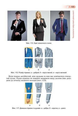 Технологіяпобутовоїдіяльності
121
Мал. 115. Одяг класичного стилю
а б в
Мал. 116. Розмір піджака: а – добрий; б – надто малий;б в – надто великий
Êîëè ïіäæàê çàñòіáíóòèé, ìіæ ãðóäüìè òà íèì ìàє ïîìіùàòèñÿ ñòèñíó-
òèé êóëàê. Ðóêàâ ïіäæàêà íå ïîâèíåí çàêðèâàòè âàøó äîëîíþ (ìàє äîõî-
äèòè äî ïî÷àòêó âåëèêîãî ïàëüöÿ) (ìàë. 117).
а б в
Мал. 117. Довжина піджака та рукава: а – добра; б – коротка;б в – довга
 