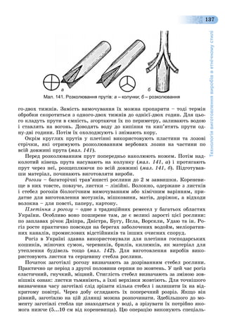 Технологіявиготовленнявиробівветнічномустилі
137
ãî-äâîõ òèæíіâ. Çàìіñòü âèìî÷óâàííÿ їõ ìîæíà ïðîïàðèòè – òîäі òåðìіí
îáðîáêè ñêîðîòèòüñÿ ç îäíîãî-äâîõ òèæíіâ äî îäíієї-äâîõ ãîäèí. Äëÿ öüî-
ãî êëàäóòü ïðóòè â єìíіñòü, çãîðòàþ÷è їõ ïî ïåðèìåòðó, çàëèâàþòü âîäîþ
і ñòàâëÿòü íà âîãîíü. Äîâîäÿòü âîäó äî êèïіííÿ òà êèï’ÿòÿòü ïðóòè îä-
íó-äâі ãîäèíè. Ïîòіì їõ îõîëîäæóþòü і çíіìàþòü êîðó.
Îêðіì êðóãëèõ ïðóòіâ ó ïëåòіííі âèêîðèñòîâóþòü ïëàñòèíè òà ëîçîâі
ñòðі÷êè, ÿêі îòðèìóþòü ðîçêîëþâàííÿì âåðáîâèõ ëîçèí íà ÷àñòèíè ïî
âñіé äîâæèíі ïðóòà (ìàë. 141).
Ïåðåä ðîçêîëþâàííÿì ïðóò ïîïåðåäíüî íàêîëþþòü íîæåì. Ïîòіì íàä-
êîëîòèé êіíåöü ïðóòà íàñóâàþòü íà êîëóíêó (ìàë. 141, à) і ïðîòÿãàþòü
ïðóò ÷åðåç íåї, ðîçùåïëþþ÷è ïî âñіé äîâæèíі (ìàë. 141, á). Ïіäãîòóâàâ-
øè ìàòåðіàë, ïî÷èíàþòü âèãîòîâëÿòè âèðîáè.
Ðîãîçè – áàãàòîðі÷íі òðàâ’ÿíèñòі ðîñëèíè äî 2 ì çàââèøêè. Êîðåíåâè-
ùå â íèõ òîâñòå, ïîâçó÷å, ëèñòêè – ëіíіéíі. Âîëîêíî, îäåðæàíå ç ëèñòêіâ
і ñòåáåë ðîãîçіâ áіîëîãі÷íèì âèìî÷óâàííÿì àáî õіìі÷íèì âàðіííÿì, ïðè-
äàòíå äëÿ âèãîòîâëåííÿ ìîòóçêіâ, ìіøêîâèíè, ìàòіâ, äîðіæîê, à âіäõîäè
âîëîêíà – äëÿ ïîâñòі, ïàïåðó, êàðòîíó.
Ïëåòіííÿ ç ðîãîçó – îäíå ç òðàäèöіéíèõ ðåìåñåë ó áàãàòüîõ îáëàñòÿõ
Óêðàїíè. Îñîáëèâî âîíî ïîøèðåíå òàì, äå є âåëèêі çàðîñòі öієї ðîñëèíè:
ïî çàïëàâàõ ðі÷îê Äíіïðà, Äíіñòðà, Áóãó, Ïñëà, Âîðñêëè, Óäàþ òà іí. Ðî-
ãіç ðîñòå ïðàêòè÷íî ïîâñþäè íà áåðåãàõ çàáîëî÷åíèõ âîäîéì, ìåëіîðàòèâ-
íèõ êàíàëіâ, ïðîìèñëîâèõ âіäñòіéíèêіâ òà іíøèõ î÷èñíèõ ñïîðóä.
Ðîãіç â Óêðàїíі çäàâíà âèêîðèñòîâóâàëè äëÿ ïëåòіííÿ ãîñïîäàðñüêèõ
êîøèêіâ, æіíî÷èõ ñóìîê, ÷åðåâèêіâ, áðèëіâ, êèëèìêіâ, ÿê ìàòåðіàë äëÿ
óòåïëåííÿ áóäіâåëü òîùî (ìàë. 142). Äëÿ âèãîòîâëåííÿ âèðîáіâ âèêî-
ðèñòîâóþòü ëèñòêè òà ñåðöåâèíó ñòåáëà ðîñëèíè.
Ïî÷àòîê çàãîòіâëі ðîãîçó âèçíà÷àþòü çà äîçðіâàííÿì ñòåáåë ðîñëèíè.
Ïðàêòè÷íî öå ïåðіîä ç äðóãîї ïîëîâèíè ñåðïíÿ ïî æîâòåíü. Ó öåé ÷àñ ðîãіç
åëàñòè÷íèé, ãíó÷êèé, ìіöíèé. Ñòèãëіñòü ñòåáåë âèçíà÷àþòü çà çìіíîþ çîâ-
íіøíіõ îçíàê: ëèñòêè òüìÿíіþòü, à їõíі âåðõіâêè æîâòіþòü. Äëÿ òî÷íіøîãî
âèçíà÷åííÿ ÷àñó çàãîòіâëі ñëіä çðіçàòè êіëüêà ñòåáåë і çàëèøèòè їõ íà âіä-
êðèòîìó ïîâіòðі. ×åðåç äîáó îãëÿäàþòü їõ ïîïåðå÷íèé ðîçðіç. ßêùî âіí
ðіâíèé, çàãîòіâëþ íà öіé äіëÿíöі ìîæíà ðîçïî÷èíàòè. Çäåáіëüøîãî äî ìî-
ìåíòó çàãîòіâëі ñòåáëà ùå çíàõîäÿòüñÿ ó âîäі, à çðіçóâàòè їõ ïîòðіáíî ÿêî-
ìîãà íèæ÷å (5...10 ñì âіä êîðåíåâèùà). Öþ îïåðàöіþ âèêîíóþòü ñïåöіàëü-
а б
Мал. 141. Розколювання прутів: а – колунки; б – розколюванняб
 