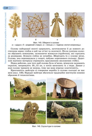 Технологіявиготовленнявиробівветнічномустилі
140
Ñîëîìó íàéêðàùîї ÿêîñòі îäåðæóþòü, çàãîòîâëÿþ÷è її äî ïîâíîãî äî-
ñòèãàííÿ çåðíà: ñòåáëà â öåé ÷àñ ì’ÿêі òà çîëîòèñòі. Ïіñëÿ ñóøіííÿ êîëîñ-
êè îáðіçàþòü íîæèöÿìè, çàëèøàþ÷è ìіæâóçëÿ (òðóáî÷êè), ÿêі ñîðòóþòü
çà ðîçìіðàìè. Çãèíàòè ñòåáëà íå ïîòðіáíî. Çáåðіãàþòü їõ ó ñóõîìó ìіñöі.
Ñîëîìà, ÿêà ïåðåçèìóâàëà ó ñêèðòі, íàáóâàє êîðè÷íåâîãî êîëüîðó. Äîäàò-
êîâі âіäòіíêè ìàòåðіàëó îòðèìóþòü ïðàñóâàííÿì çâîëîæåíèõ ñòåáåë.
Ïåðåä ðîáîòîþ, äëÿ òîãî ùîá ñîëîìà áóëà ì’ÿêîþ, ìіæâóçëÿ çàëèâàþòü
îêðîïîì, âèòðèìóþòü 10…15 õâ, à ïîòіì âèòÿãàþòü їõ ç âîäè. Äîâøå ó
âîäі ñîëîìó òðèìàòè íå ìîæíà, òîìó ùî âîíà âòðà÷àє ïëàñòè÷íіñòü.
Êðåàòèâíіñòü ìàéñòðіâ çі ñòâîðåííÿ âèðîáіâ іç ñîëîìè ñüîãîäíі íå ìàє
ìåæ (ìàë. 146). Íàðîäíі ìàéñòðè çáàãàòèëè òðàäèöіéíå ìèñòåöòâî íîâèìè
îáðàçàìè é òåõíîëîãіÿìè.
Мал. 146. Скульптури із соломи
а б в г
Мал. 145. Обереги із соломи:
а – «дідух»; б – різдвяний «павук»; в – лялька; г – підвіска «янгол-охоронець»
 