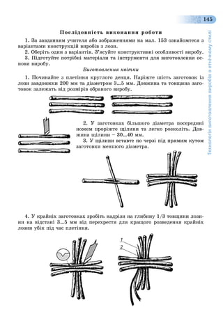 Технологіявиготовленнявиробівветнічномустилі
145
Ïîñëіäîâíіñòü âèêîíàííÿ ðîáîòè
1. Çà çàâäàííÿì ó÷èòåëÿ àáî çîáðàæåííÿìè íà ìàë. 153 îçíàéîìòåñÿ ç
âàðіàíòàìè êîíñòðóêöіé âèðîáіâ ç ëîçè.
2. Îáåðіòü îäèí ç âàðіàíòіâ. Ç’ÿñóéòå êîíñòðóêòèâíі îñîáëèâîñòі âèðîáó.
3. Ïіäãîòóéòå ïîòðіáíі ìàòåðіàëè òà іíñòðóìåíòè äëÿ âèãîòîâëåííÿ îñ-
íîâè âèðîáó.
Âèãîòîâëåííÿ êâіòêè
1. Ïî÷èíàéòå ç ïëåòіííÿ êðóãëîãî äåíöÿ. Íàðіæòå øіñòü çàãîòîâîê іç
ëîçè çàâäîâæêè 200 ìì òà äіàìåòðîì 3…5 ìì. Äîâæèíà òà òîâùèíà çàãî-
òîâîê çàëåæàòü âіä ðîçìіðіâ îáðàíîãî âèðîáó.
2. Ó çàãîòîâêàõ áіëüøîãî äіàìåòðà ïîñåðåäèíі
íîæåì ïðîðіæòå ùіëèíè òà ëåãêî ðîçêîëіòü. Äîâ-
æèíà ùіëèíè – 30…40 ìì.
3. Ó ùіëèíè âñòàâòå ïî ÷åðçі ïіä ïðÿìèì êóòîì
çàãîòîâêè ìåíøîãî äіàìåòðà.
4. Ó êðàéíіõ çàãîòîâêàõ çðîáіòü íàäðіçè íà ãëèáèíó 1/3 òîâùèíè ëîçè-
íè íà âіäñòàíі 3…5 ìì âіä ïåðåõðåñòÿ äëÿ êðàùîãî ðîçâåäåííÿ êðàéíіõ
ëîçèí óáіê ïіä ÷àñ ïëåòіííÿ.
2
1
 