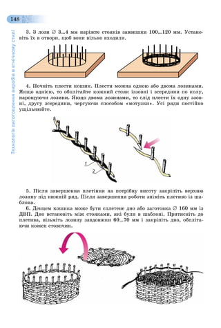 Технологіявиготовленнявиробівветнічномустилі
148
3. Ç ëîçè  3…4 ìì íàðіæòå ñòîÿêіâ çàââèøêè 100…120 ìì. Óñòàíî-
âіòü їõ â îòâîðè, ùîá âîíè âіëüíî âõîäèëè.
4. Ïî÷íіòü ïëåñòè êîøèê. Ïëåñòè ìîæíà îäíîþ àáî äâîìà ëîçèíàìè.
ßêùî îäíієþ, òî îáïëіòàéòå êîæíèé ñòîÿê іççîâíі і çñåðåäèíè ïî êîëó,
íàðîùóþ÷è ëîçèíè. ßêùî äâîìà ëîçèíàìè, òî ñëіä ïëåñòè їõ îäíó ççîâ-
íі, äðóãó çñåðåäèíè, ÷åðãóþ÷è ñïîñîáîì «ìîòóçêè». Óñі ðÿäè ïîñòіéíî
óùіëüíþéòå.
1
2
5. Ïіñëÿ çàâåðøåííÿ ïëåòіííÿ íà ïîòðіáíó âèñîòó çàêðіïіòü âåðõíþ
ëîçèíó ïіä íèæíіé ðÿä. Ïіñëÿ çàâåðøåííÿ ðîáîòè çíіìіòü ïëåòèâî іç øà-
áëîíà.
6. Äåíöåì êîøèêà ìîæå áóòè ñïëåòåíå äíî àáî çàãîòîâêà  160 ìì іç
ÄÂÏ. Äíî âñòàíîâіòü ìіæ ñòîÿêàìè, ÿêі áóëè â øàáëîíі. Ïðèòèñíіòü äî
ïëåòèâà, âіçüìіòü ëîçèíó çàâäîâæêè 60…70 ìì і çàêðіïіòü äíî, îáïëіòà-
þ÷è êîæåí ñòîâï÷èê.
 
