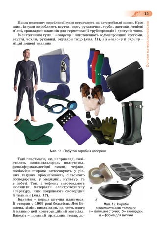Основиматеріалознавства
15
Ïîíàä ïîëîâèíó âèðîáëåíîї ãóìè âèòðà÷àþòü íà àâòîìîáіëüíі øèíè. Êðіì
øèí, іç ãóìè âèðîáëÿþòü âçóòòÿ, îäÿã, ðóêàâè÷êè, òðóáè, ëàñòèêè, òåíіñíі
ì’ÿ÷і, ïðîêëàäêè êëàïàíіâ äëÿ ãåðìåòèçàöії òðóáîïðîâîäіâ і äâèãóíіâ òîùî.
Іç ñèíòåòè÷íîї ãóìè – íåîïðåíó – âèãîòîâëÿþòü âîäîíåïðîíèêíі êîñòþìè,
âçóòòÿ, ÷îõëè, ðóêàâèöі, îêóëÿðè òîùî (ìàë. 11), à ç íåéëîíó é àêðèëó –
ìіöíі äåøåâі òêàíèíè.
Мал. 11. Побутові вироби з неопрену
Òàêі ïëàñòìàñè, ÿê, íàïðèêëàä, ïîëі-
åòèëåí, ïîëіâіíіëõëîðèä, ïîëіñòèðîë,
ôåíîëôîðìàëüäåãіäíi ñìîëè, òåôëîí,
ïîëiàìiäè øèðîêî çàñòîñîâóþòü ó ðіç-
íèõ ãàëóçÿõ ïðîìèñëîâîñòі, ñіëüñüêîãî
ãîñïîäàðñòâà, ó ìåäèöèíі, êóëüòóðі òà
â ïîáóòі. Òàê, ç òåôëîíó âèãîòîâëÿþòü
іçîëÿöіéíі ìàòåðіàëè, åëåêòðîòåõíі÷íó
àïàðàòóðó, íèì ïîêðèâàþòü ñêîâîðіäêè
é òêàíèíè (ìàë. 12).
Áàêåëіò – ïåðøà øòó÷íà ïëàñòìàñà.
Її ñòâîðèâ ó 1909 ðîöі áåëüãієöü Ëåî Áå-
êëåíä, õіìіê, âèíàõіäíèê, íà ÷åñòü ÿêîãî
é íàçâàíî öåé êîíñòðóêöіéíèé ìàòåðіàë.
Áàêåëіò – ïîãàíèé ïðîâіäíèê òåïëà, äî-
Мал. 12. Вироби
з використанням тефлону:
а – ізоляційні стрічки; б – сковорідки;
в – форма для випічки
а
бб
в
 