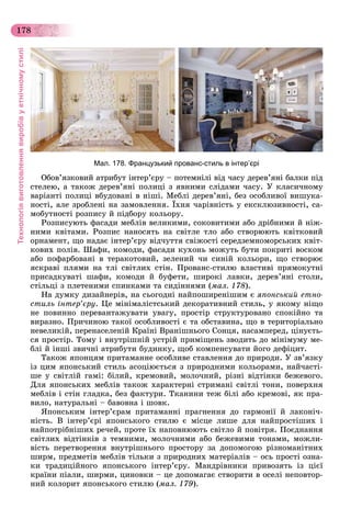 Технологіявиготовленнявиробівуетнічномустилі
178
Мал. 178. Французький прованс-стиль в інтер’єрі
Îáîâ’ÿçêîâèé àòðèáóò іíòåð’єðó – ïîòåìíіëі âіä ÷àñó äåðåâ’ÿíі áàëêè ïіä
ñòåëåþ, à òàêîæ äåðåâ’ÿíі ïîëèöі ç ÿâíèìè ñëіäàìè ÷àñó. Ó êëàñè÷íîìó
âàðіàíòі ïîëèöі âáóäîâàíі â íіøі. Ìåáëі äåðåâ’ÿíі, áåç îñîáëèâîї âèøóêà-
íîñòі, àëå çðîáëåíі íà çàìîâëåííÿ. Їõíÿ ÷àðіâíіñòü ó åêñêëþçèâíîñòі, ñà-
ìîáóòíîñòі ðîçïèñó é ïіäáîðó êîëüîðó.
Ðîçïèñóþòü ôàñàäè ìåáëіâ âåëèêèìè, ñîêîâèòèìè àáî äðіáíèìè é íіæ-
íèìè êâіòàìè. Ðîçïèñ íàíîñÿòü íà ñâіòëå òëî àáî ñòâîðþþòü êâіòêîâèé
îðíàìåíò, ùî íàäàє іíòåð’єðó âіä÷óòòÿ ñâіæîñòі ñåðåäçåìíîìîðñüêèõ êâіò-
êîâèõ ïîëіâ. Øàôè, êîìîäè, ôàñàäè êóõîíü ìîæóòü áóòè ïîêðèòі âîñêîì
àáî ïîôàðáîâàíі â òåðàêîòîâèé, çåëåíèé ÷è ñèíіé êîëüîðè, ùî ñòâîðþє
ÿñêðàâі ïëÿìè íà òëі ñâіòëèõ ñòіí. Ïðîâàíñ-ñòèëþ âëàñòèâі ïðÿìîêóòíі
ïðèñàäêóâàòі øàôè, êîìîäè é áóôåòè, øèðîêі ëàâêè, äåðåâ’ÿíі ñòîëè,
ñòіëüöі ç ïëåòåíèìè ñïèíêàìè òà ñèäіííÿìè (ìàë. 178).
Íà äóìêó äèçàéíåðіâ, íà ñüîãîäíі íàéïîøèðåíіøèì є ÿïîíñüêèé åòíî-
ñòèëü іíòåð’єðó. Öå ìіíіìàëіñòñüêèé äåêîðàòèâíèé ñòèëü, ó ÿêîìó íіùî
íå ïîâèííî ïåðåâàíòàæóâàòè óâàãó, ïðîñòіð ñòðóêòóðîâàíî ñïîêіéíî òà
âèðàçíî. Ïðè÷èíîþ òàêîї îñîáëèâîñòі є òà îáñòàâèíà, ùî â òåðèòîðіàëüíî
íåâåëèêіé, ïåðåíàñåëåíіé Êðàїíі Âðàíіøíüîãî Ñîíöÿ, íàñàìïåðåä, öіíóєòü-
ñÿ ïðîñòіð. Òîìó і âíóòðіøíіé óñòðіé ïðèìіùåíü çâîäèòü äî ìіíіìóìó ìå-
áëі é іíøі çâè÷íі àòðèáóòè áóäèíêó, ùîá êîìïåíñóâàòè éîãî äåôіöèò.
Òàêîæ ÿïîíöÿì ïðèòàìàííå îñîáëèâå ñòàâëåííÿ äî ïðèðîäè. Ó çâ’ÿçêó
іç öèì ÿïîíñüêèé ñòèëü àñîöіþєòüñÿ ç ïðèðîäíèìè êîëüîðàìè, íàé÷àñòі-
øå ó ñâіòëіé ãàìі: áіëèé, êðåìîâèé, ìîëî÷íèé, ðіçíі âіäòіíêè áåæåâîãî.
Äëÿ ÿïîíñüêèõ ìåáëіâ òàêîæ õàðàêòåðíі ñòðèìàíі ñâіòëі òîíè, ïîâåðõíÿ
ìåáëіâ і ñòіí ãëàäêà, áåç ôàêòóðè. Òêàíèíè òåæ áіëі àáî êðåìîâі, ÿê ïðà-
âèëî, íàòóðàëüíі – áàâîâíà і øîâê.
ßïîíñüêèì іíòåð’єðàì ïðèòàìàííі ïðàãíåííÿ äî ãàðìîíії é ëàêîíі÷-
íіñòü. Â іíòåð’єðі ÿïîíñüêîãî ñòèëþ є ìіñöå ëèøå äëÿ íàéïðîñòіøèõ і
íàéïîòðіáíіøèõ ðå÷åé, ïðîòå їõ íàïîâíþþòü ñâіòëî é ïîâіòðÿ. Ïîєäíàííÿ
ñâіòëèõ âіäòіíêіâ ç òåìíèìè, ìîëî÷íèìè àáî áåæåâèìè òîíàìè, ìîæëè-
âіñòü ïåðåòâîðåííÿ âíóòðіøíüîãî ïðîñòîðó çà äîïîìîãîþ ðіçíîìàíіòíèõ
øèðì, ïðåäìåòіâ ìåáëіâ òіëüêè ç ïðèðîäíèõ ìàòåðіàëіâ – îñü ïðîñòі îçíà-
êè òðàäèöіéíîãî ÿïîíñüêîãî іíòåð’єðó. Ìàíäðіâíèêè ïðèâîçÿòü іç öієї
êðàїíè ïіàëè, øèðìè, öèíîâêè – öå äîïîìàãàє ñòâîðèòè â îñåëі íåïîâòîð-
íèé êîëîðèò ÿïîíñüêîãî ñòèëþ (ìàë. 179).
 