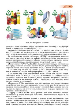 Основиматеріалознавства
17
óñåðåäèíі ÿêîãî ïîìіùåíî öèôðó, ùî îçíà÷àє òèï ïëàñòèêó, à ïіä òðèêóò-
íèêîì – àáðåâіàòóðó éîãî íàçâè (ìàë. 15).
Ïîëіåòèëåíòåðåôòàëàò (PETE/PET) – íàéïîøèðåíіøèé âèä ïëàñò-
ìàñ. Ó ïëÿøêè, ùî âèãîòîâëÿþòü ç ïîëіåòèëåíòåðåôòàëàòó, ðîçëèâàþòü
ðіçíі íàïîї, ñîíÿøíèêîâó îëіþ, êåò÷óïè, ìàéîíåçè, êîñìåòè÷íі çàñîáè.
Іç ïîëіåòèëåíó âèñîêîї ùіëüíîñòі (HDPE) âèãîòîâëÿþòü ôëàêîíè
äëÿ øàìïóíіâ, êîñìåòè÷íèõ òà ìèéíèõ çàñîáіâ, êàíіñòðè äëÿ ìîòîðíèõ
ìàñòèë, îäíîðàçîâèé ïîñóä, êîíòåéíåðè òà єìíîñòі äëÿ ïðîäóêòіâ õàð÷ó-
âàííÿ, êîíòåéíåðè äëÿ çàìîðîæóâàííÿ ïðîäóêòіâ, іãðàøêè òîùî.
Ïîëіâіíіëõëîðèä (PVC/V), àáîVV ÏÂÕ, âіíіë, çàñòîñîâóєòüñÿ äëÿ âèãîòîâëåííÿ
ëіíîëåóìó, âіêîííèõ ïðîôіëіâ, êðîìêè ìåáëіâ, óïàêîâêè ïîáóòîâîї òåõíіêè,
øòó÷íîї øêіðè, ïëіâêè äëÿ íàòÿæíèõ ñòåëü, à òàêîæ äåÿêèõ іãðàøîê.
Ç ïîëіåòèëåíó íèçüêîї ùіëüíîñòі (LDPE) âèãîòîâëÿþòü ðіçíі ïàêó-
âàëüíі ìàòåðіàëè, ïàêåòè äëÿ ñóïåðìàðêåòіâ, CD, DVD-äèñêè.
Ç ïîëіïðîïіëåíó (PP) âèãîòîâëÿþòü âіäðà, ïîñóä äëÿ ãàðÿ÷èõ ñòðàâ,
îäíîðàçîâі øïðèöè, ìіøêè äëÿ öóêðó, êîíòåéíåðè äëÿ çàìîðîæóâàííÿ
ïðîäóêòіâ, êðèøêè äëÿ áіëüøîñòі âèäіâ ïëÿøîê, ìàñëÿíêè, óïàêîâêó
äåÿêèõ ïðîäóêòіâ õàð÷óâàííÿ, òðóáè, ó áóäіâíèöòâі öåé ìàòåðіàë âèêî-
ðèñòîâóþòü äëÿ øóìîіçîëÿöії.
Ïîëіñòèðîë (PS) є ìàòåðіàëîì äëÿ âèãîòîâëåííÿ îäíîðàçîâîãî ïîñóäó,
êîíòåéíåðіâ äëÿ õàð÷îâèõ ïðîäóêòіâ, ñòàêàí÷èêіâ äëÿ éîãóðòó, äèòÿ÷èõ
іãðàøîê, òåïëîіçîëÿöіéíèõ ïëèò, ñåíäâі÷-ïàíåëåé (áóäіâåëüíîãî ìàòåðіà-
ëó, ùî ìàє òðèøàðîâó ñòðóêòóðó), ïàêóâàëüíèõ òàöü äëÿ ïðîäóêòіâ õàð-
÷óâàííÿ â ñóïåðìàðêåòàõ.
Ó ãðóïó OTHER, àáî Î – іíøі, óõîäÿòü іíøі âèäè ïëàñòìàñ, âèêîðè-
ñòàííÿ ÿêèõ ó ïîáóòі ìîæå áóòè ïîâ’ÿçàíå ç íåáåçïåêîþ äëÿ çäîðîâ’ÿ ëþ-
äèíè òà äîâêіëëÿ.
Áіëüøà ÷àñòèíà õіìі÷íèõ ðå÷îâèí – âіäõîäè ðіçíèõ âèðîáíèöòâ – íàä-
õîäèòü ó íàâêîëèøíє ñåðåäîâèùå ó âèãëÿäі ãàçіâ, ðіäèí, òâåðäèõ õіìі÷-
íèõ ñïîëóê òà çàáðóäíþє éîãî. Çíà÷íå ìіñöå ñåðåä íèõ çàéìàє ïëàñòèê,
ÿêèé є äîñèòü іíåðòíèì ìàòåðіàëîì. Íàâіòü ó íàéâіääàëåíіøèõ і çàíåäáà-
Мал. 15. Маркування пластмас
 