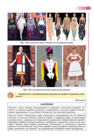 Технологіявиготовленнявиробівуетнічномустилі
181
Мал. 182. Етностиль одягу: мотиви хіпі та індійські мотиви
Мал. 183. Із колекцій етнічного одягу Ів Сен-Лорана
Ознайомтеся з кваліфікаційними вимогами до професії закрійника (таб-
лиця 6).
Òàáëèöÿ 6
ÇÀÊÐІÉÍÈÊ
Ïîâèíåí çíàòè. Îñíîâè êîíñòðóþâàííÿ òà ðîçêðîþ; òåõíîëîãіþ ðîçêðîþ, ïî-
øèòòÿ òà ðåìîíòó âèðîáіâ çàçíà÷åíîãî àñîðòèìåíòó; ñó÷àñíèé íàïðÿì ìîäåëþ-
âàííÿ; ïðèçíà÷åííÿ òà âëàñòèâîñòі ìàòåðіàëіâ, ÿêі âèêîðèñòîâóþòüñÿ.
Ïîâèíåí óìіòè. Ðîçêðîþâàòè ïåðåä ïîøèòòÿì òà ïåðåêðîþâàòè ïіä ÷àñ ðåìîíòó
íàòіëüíó òà ïîñòіëüíó áіëèçíó, êîðñåòíі âèðîáè çі çíіìàííÿì ìіðîê çà ñèëóåòíèìè
îñíîâàìè ëåêàë, îäåðæàíèõ âіä ìîäåëþþ÷èõ îðãàíіçàöіé, âèáèðàòè ôàñîíè âèðîáіâ.
Ïðèìіðÿòè âèðîáè íà ôіãóðі çàìîâíèêà, êðåéäóâàòè, ïіäðіçóâàòè äåòàëі ïіñëÿ ïðè-
ìіðêè. Çäàâàòè ãîòîâі âèðîáè çàìîâíèêàì, ïîãîäæóâàòè іç çàìîâíèêîì õàðàêòåð
ðåìîíòó íàòіëüíîї áіëèçíè, êîðñåòíèõ âèðîáіâ, âèÿâëÿòè äåôåêòè ìàòåðіàëіâ àáî âè-
ðîáіâ, ïðèíåñåíèõ äëÿ ðåìîíòó, ïіä êåðіâíèöòâîì çàêðіéíèêà âèùîї êâàëіôіêàöії.
 