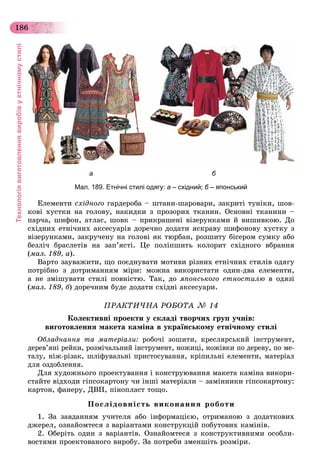 Технологіявиготовленнявиробівуетнічномустилі
186
а б
Мал. 189. Етнічні стилі одягу: а – східний; б – японськийб
Åëåìåíòè ñõіäíîãî ãàðäåðîáà – øòàíè-øàðîâàðè, çàêðèòі òóíіêè, øîâ-
êîâі õóñòêè íà ãîëîâó, íàêèäêè ç ïðîçîðèõ òêàíèí. Îñíîâíі òêàíèíè –
ïàð÷à, øèôîí, àòëàñ, øîâê – ïðèêðàøåíі âіçåðóíêàìè é âèøèâêîþ. Äî
ñõіäíèõ åòíі÷íèõ àêñåñóàðіâ äîðå÷íî äîäàòè ÿñêðàâó øèôîíîâó õóñòêó ç
âіçåðóíêàìè, çàêðó÷åíó íà ãîëîâі ÿê òþðáàí, ðîçøèòó áіñåðîì ñóìêó àáî
áåçëі÷ áðàñëåòіâ íà çàï’ÿñòі. Öå ïîëіïøèòü êîëîðèò ñõіäíîãî âáðàííÿ
(ìàë. 189, à).
Âàðòî çàóâàæèòè, ùî ïîєäíóâàòè ìîòèâè ðіçíèõ åòíі÷íèõ ñòèëіâ îäÿãó
ïîòðіáíî ç äîòðèìàííÿì ìіðè: ìîæíà âèêîðèñòàòè îäèí-äâà åëåìåíòè,
à íå çìіøóâàòè ñòèëі ïîâíіñòþ. Òàê, äî ÿïîíñüêîãî åòíîñòèëþ â îäÿçі
(ìàë. 189, á) äîðå÷íèì áóäå äîäàòè ñõіäíі àêñåñóàðè.
ÏÐÀÊÒÈ×ÍÀ ÐÎÁÎÒÀ № 14
Êîëåêòèâíі ïðîåêòè ó ñêëàäі òâîð÷èõ ãðóï ó÷íіâ:
âèãîòîâëåííÿ ìàêåòà êàìіíà â óêðàїíñüêîìó åòíі÷íîìó ñòèëі
Îáëàäíàííÿ òà ìàòåðіàëè: ðîáî÷і çîøèòè, êðåñëÿðñüêèé іíñòðóìåíò,
äåðåâ’ÿíі ðåéêè, ðîçìі÷àëüíèé іíñòðóìåíò, íîæèöі, íîæіâêè ïî äåðåâó, ïî ìå-
òàëó, íіæ-ðіçàê, øëіôóâàëüíі ïðèñòîñóâàííÿ, êðіïèëüíі åëåìåíòè, ìàòåðіàë
äëÿ îçäîáëåííÿ.
Äëÿ õóäîæíüîãî ïðîåêòóâàííÿ і êîíñòðóþâàííÿ ìàêåòà êàìіíà âèêîðè-
ñòàéòå âіäõîäè ãіïñîêàðòîíó ÷è іíøі ìàòåðіàëè – çàìіííèêè ãіïñîêàðòîíó:
êàðòîí, ôàíåðó, ÄÂÏ, ïіíîïëàñò òîùî.
Ïîñëіäîâíіñòü âèêîíàííÿ ðîáîòè
1. Çà çàâäàííÿì ó÷èòåëÿ àáî іíôîðìàöієþ, îòðèìàíîþ ç äîäàòêîâèõ
äæåðåë, îçíàéîìòåñÿ ç âàðіàíòàìè êîíñòðóêöіé ïîáóòîâèõ êàìіíіâ.
2. Îáåðіòü îäèí ç âàðіàíòіâ. Îçíàéîìòåñÿ ç êîíñòðóêòèâíèìè îñîáëè-
âîñòÿìè ïðîåêòîâàíîãî âèðîáó. Çà ïîòðåáè çìåíøіòü ðîçìіðè.
 