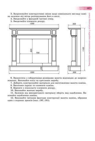 Технологіявиготовленнявиробівуетнічномустилі
187
3. Çàïðîïîíóéòå êîíñòðóêòèâíі çìіíè ùîäî çîâíіøíüîãî âèãëÿäó êàìі-
íà çàëåæíî âіä ìіñöÿ ðîçòàøóâàííÿ éîãî â îñåëі.
4. Çìîäåëþéòå ó ôàñàäíіé ÷àñòèíі îòâіð.
5. Çìîäåëþéòå åëåìåíòè äåêîðó.
íîâàíèõ. Âèêîíàéòå åñêіç ÷è êðåñëåíèê âèðîáó.
7. Äîáåðіòü êîíñòðóêöіéíі ìàòåðіàëè äëÿ âèãîòîâëåííÿ ìàêåòà êàìіíà.
8. Âèãîòîâòå êàðêàñ òà åëåìåíòè êàìіíà.
9. Âèðіæòå ç ïіíîïëàñòó åëåìåíòè äåêîðó.
10. Âèêîíàéòå ìîíòàæ âèðîáó.
11. Çàëåæíî âіä âèêîðèñòàíîãî ìàòåðіàëó îáåðіòü âèä îçäîáëåííÿ. Âè-
êîíàéòå îçäîáëåííÿ êàìіíà.
12. Âèêîíàéòå іìіòàöіþ ôàêòóðè êîíñòðóêöії ìàêåòà êàìіíà, îáðàâøè
îäèí ç ïîäàíèõ çðàçêіâ (ìàë. 190, 191).
 