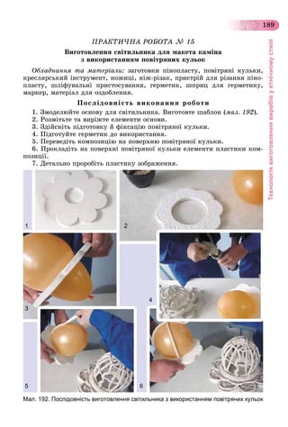 Технологіявиготовленнявиробівуетнічномустилі
189
ÏÐÀÊÒÈ×ÍÀ ÐÎÁÎÒÀ № 15
Âèãîòîâëåííÿ ñâіòèëüíèêà äëÿ ìàêåòà êàìіíà
ç âèêîðèñòàííÿì ïîâіòðÿíèõ êóëüîê
Îáëàäíàííÿ òà ìàòåðіàëè: çàãîòîâêè ïіíîïëàñòó, ïîâіòðÿíі êóëüêè,
êðåñëÿðñüêèé іíñòðóìåíò, íîæèöі, íіæ-ðіçàê, ïðèñòðіé äëÿ ðіçàííÿ ïіíî-
ïëàñòó, øëіôóâàëüíі ïðèñòîñóâàííÿ, ãåðìåòèê, øïðèö äëÿ ãåðìåòèêó,
ìàðêåð, ìàòåðіàë äëÿ îçäîáëåííÿ.
Ïîñëіäîâíіñòü âèêîíàííÿ ðîáîòè
1. Çìîäåëþéòå îñíîâó äëÿ ñâіòèëüíèêà. Âèãîòîâòå øàáëîí (ìàë. 192).
2. Ðîçìіòüòå òà âèðіæòå åëåìåíòè îñíîâè.
3. Çäіéñíіòü ïіäãîòîâêó é ôіêñàöіþ ïîâіòðÿíîї êóëüêè.
4. Ïіäãîòóéòå ãåðìåòèê äî âèêîðèñòàííÿ.
5. Ïåðåâåäіòü êîìïîçèöіþ íà ïîâåðõíþ ïîâіòðÿíîї êóëüêè.
6. Ïðîêëàäіòü íà ïîâåðõíі ïîâіòðÿíîї êóëüêè åëåìåíòè ïëàñòèêè êîì-
ïîçèöії.
7. Äåòàëüíî ïðîðîáіòü ïëàñòèêó çîáðàæåííÿ.
1
5
3
2
6
4
Мал. 192. Послідовність виготовлення світильника з використанням повітряних кульок
 