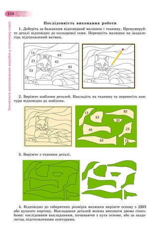 Технологіявиготовленнявиробівуетнічномустилі
210
Ïîñëіäîâíіñòü âèêîíàííÿ ðîáîòè
1. Äîáåðіòü çà áàæàííÿì âіäïîâіäíèé ìàëþíîê і òêàíèíó. Ïðîíóìåðóé-
òå äåòàëі âіäïîâіäíî äî êîëüîðîâîї ãàìè. Ïåðåíåñіòü ìàëþíîê íà çàçäàëå-
ãіäü ïіäãîòîâëåíèé âàòìàí.
53
23
33
43
83
63
13
73
2. Âèðіæòå øàáëîíè äåòàëåé. Íàêëàäіòü íà òêàíèíó òà ïåðåíåñіòü êîí-
òóðè âіäïîâіäíî äî øàáëîíà.
3. Âèðіæòå ç òêàíèíè äåòàëі.
4. Âіäïîâіäíî äî ãàáàðèòíèõ ðîçìіðіâ ìàëþíêà âèðіæòå îñíîâó ç ÄÂÏ
àáî öóïêîãî êàðòîíó. Íàêëàäàííÿ äåòàëåé ìîæíà âèêîíàòè äâîìà ñïîñî-
áàìè: ïîñëіäîâíèì íàêëàäàííÿì, ïî÷èíàþ÷è ç êóòà îñíîâè, àáî çà çàçäà-
ëåãіäü ïіäãîòîâëåíèìè êîíòóðàìè.
 