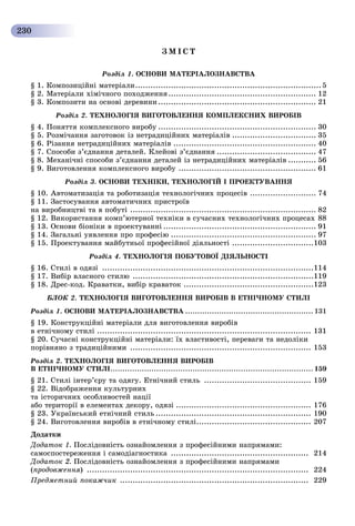 230
Ç Ì І Ñ Ò
Ðîçäіë 1. ÎÑÍÎÂÈ ÌÀÒÅÐІÀËÎÇÍÀÂÑÒÂÀ
§ 1. Êîìïîçèöіéíі ìàòåðіàëè.........................................................................5
§ 2. Ìàòåðіàëè õіìі÷íîãî ïîõîäæåííÿ.......................................................... 12
§ 3. Êîìïîçèòè íà îñíîâі äåðåâèíè .............................................................. 21
Ðîçäіë 2. ÒÅÕÍÎËÎÃІß ÂÈÃÎÒÎÂËÅÍÍß ÊÎÌÏËÅÊÑÍÈÕ ÂÈÐÎÁІÂ
§ 4. Ïîíÿòòÿ êîìïëåêñíîãî âèðîáó .............................................................. 30
§ 5. Ðîçìі÷àííÿ çàãîòîâîê іç íåòðàäèöіéíèõ ìàòåðіàëіâ ................................. 35
§ 6. Ðіçàííÿ íåòðàäèöіéíèõ ìàòåðіàëіâ ........................................................ 40
§ 7. Ñïîñîáè ç’єäíàííÿ äåòàëåé. Êëåéîâі ç’єäíàííÿ ....................................... 47
§ 8. Ìåõàíі÷íі ñïîñîáè ç’єäíàííÿ äåòàëåé іç íåòðàäèöіéíèõ ìàòåðіàëіâ ........... 56
§ 9. Âèãîòîâëåííÿ êîìïëåêñíîãî âèðîáó ...................................................... 61
Ðîçäіë 3. ÎÑÍÎÂÈ ÒÅÕÍІÊÈ, ÒÅÕÍÎËÎÃІÉ І ÏÐÎÅÊÒÓÂÀÍÍß
§ 10. Àâòîìàòèçàöіÿ òà ðîáîòèçàöіÿ òåõíîëîãі÷íèõ ïðîöåñіâ .......................... 74
§ 11. Çàñòîñóâàííÿ àâòîìàòè÷íèõ ïðèñòðîїâ
íà âèðîáíèöòâі òà â ïîáóòі ......................................................................... 82
§ 12. Âèêîðèñòàííÿ êîìï’þòåðíîї òåõíіêè â ñó÷àñíèõ òåõíîëîãі÷íèõ ïðîöåñàõ 88
§ 13. Îñíîâè áіîíіêè â ïðîåêòóâàííі ............................................................ 91
§ 14. Çàãàëüíі óÿâëåííÿ ïðî ïðîôåñіþ ......................................................... 97
§ 15. Ïðîåêòóâàííÿ ìàéáóòíüîї ïðîôåñіéíîї äіÿëüíîñòі ................................103
Ðîçäіë 4. ÒÅÕÍÎËÎÃІß ÏÎÁÓÒÎÂÎЇ ÄІßËÜÍÎÑÒІ
§ 16. Ñòèëі â îäÿçі ...................................................................................114
§ 17. Âèáіð âëàñíîãî ñòèëþ .......................................................................119
§ 18. Äðåñ-êîä. Êðàâàòêè, âèáіð êðàâàòîê ...................................................123
ÁËÎÊ 2. ÒÅÕÍÎËÎÃІß ÂÈÃÎÒÎÂËÅÍÍß ÂÈÐÎÁІÂ Â ÅÒÍІ×ÍÎÌÓ ÑÒÈËІ
Ðîçäіë 1. ÎÑÍÎÂÈ ÌÀÒÅÐІÀËÎÇÍÀÂÑÒÂÀ ..................................................... 131
§ 19. Êîíñòðóêöіéíі ìàòåðіàëè äëÿ âèãîòîâëåííÿ âèðîáіâ
â åòíі÷íîìó ñòèëі .................................................................................... 131
§ 20. Ñó÷àñíі êîíñòðóêöіéíі ìàòåðіàëè: їõ âëàñòèâîñòі, ïåðåâàãè òà íåäîëіêè
ïîðіâíÿíî ç òðàäèöіéíèìè ....................................................................... 153
Ðîçäіë 2. ÒÅÕÍÎËÎÃІß ÂÈÃÎÒÎÂËÅÍÍß ÂÈÐÎÁІÂ
Â ÅÒÍІ×ÍÎÌÓ ÑÒÈËІ.................................................................................... 159
§ 21. Ñòèëі іíòåð’єðó òà îäÿãó. Åòíі÷íèé ñòèëü .......................................... 159
§ 22. Âіäîáðàæåííÿ êóëüòóðíèõ
òà іñòîðè÷íèõ îñîáëèâîñòåé íàöії
àáî òåðèòîðії â åëåìåíòàõ äåêîðó, îäÿçі ..................................................... 176
§ 23. Óêðàїíñüêèé åòíі÷íèé ñòèëü ............................................................. 190
§ 24. Âèãîòîâëåííÿ âèðîáіâ â åòíі÷íîìó ñòèëі............................................. 207
Äîäàòêè
Äîäàòîê 1. Ïîñëіäîâíіñòü îçíàéîìëåííÿ ç ïðîôåñіéíèìè íàïðÿìàìè:
ñàìîñïîñòåðåæåííÿ і ñàìîäіàãíîñòèêà ...................................................... 214
Äîäàòîê 2. Ïîñëіäîâíіñòü îçíàéîìëåííÿ ç ïðîôåñіéíèìè íàïðÿìàìè
(ïðîäîâæåííÿ) ....................................................................................... 224
Ïðåäìåòíèé ïîêàæ÷èê .......................................................................... 229
 