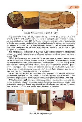 Основиматеріалознавства
23
Äåðåâîâîëîêíèñòó ïëèòó ñåðåäíüîї ùіëüíîñòі (âіä àíãë. Medium
Density Fibreboard, MDF) âèãîòîâëÿþòü ç íàéäðіáíіøèõ òèðñè òà âіäõî-
äіâ äåðåâîîáðîáêè (ìàë. 22, á). Òèðñó ïåðåìåëþþòü äî ðîçìіðó íåâåëèêèõ
êóáèêіâ, òàê çâàíèõ ÷іïñіâ, ïіñëÿ ÷îãî îáðîáëÿþòü їõ ïàðîþ, ùî ïîäàєòüñÿ
ïіä âèñîêèì òèñêîì. Ïіñëÿ öüîãî «÷іïñè» íàäõîäÿòü íà òåðêîâó ìàøèíó,
ÿêà ñâîїìè îáåðòîâèìè äèñêàìè ïðîòèðàє їõ. Ïîòіì ïðîòåðòó ñóìіø ïðî-
ñóøóþòü і ñêëåþþòü.
ßê ñïîëó÷íèé êîìïîíåíò ó ïëèòàõ ÌÄÔ âèêîðèñòîâóþòü ñïåöіàëüíі
åêîëîãі÷íî ÷èñòі ñìîëè, òîìó öå àáñîëþòíî áåçïå÷íèé ìàòåðіàë, íà âіäìі-
íó âіä ÄÑÏ.
ÌÄÔ âіäðіçíÿєòüñÿ âèñîêîþ ìіöíіñòþ, ïðè÷îìó â ïðîöåñі âèãîòîâëåí-
íÿ íà çàìîâëåííÿ ïëèòàì ìîæíà íàäàòè äîäàòêîâèõ âëàñòèâîñòåé, òàêèõ
ÿê âîäîíåïðîíèêíіñòü, âîãíåñòіéêіñòü, áіîñòіéêіñòü. Çàâäÿêè öüîìó ÌÄÔ
ìàє âіäìіííі åêñïëóàòàöіéíі ÿêîñòі. Âîíà äîáðå ïіääàєòüñÿ îáðîáöі, ôàíå-
ðóєòüñÿ íàòóðàëüíèì і äåðåâíèì øïîíîì і øïîíîì «ôàéí-ëàéí», åêîøïî-
íîì, à òàêîæ ëàìіíóєòüñÿ, çàâäÿêè ÷îìó ìîæå áóòè îñíîâîþ äëÿ ñó÷àñ-
íèõ ïëàñòèêîâèõ ôàñàäіâ êóõîíü òà øàô-êóïå.
MÄÔ ñüîãîäíі øèðîêî âèêîðèñòîâóþòü ó âèðîáíèöòâі äâåðåé, ïîñòóïîâî
âèòіñíÿþ÷è äåðåâîñòðóæêîâі ïëèòè. Іç öüîãî ìàòåðіàëó òàêîæ âèãîòîâëÿþòü
âíóòðіøíі ïåðåãîðîäêè øàô, êóõîíü òà іíøèõ êîðïóñíèõ ìåáëіâ (ìàë. 23).
Ó áóäіâíèöòâі ÌÄÔ âèêîðèñòîâóþòü äëÿ âèãîòîâëåííÿ ïîãîíàæíèõ âè-
ðîáіâ, ÷îðíîâèõ ïіäëîã, ñòіíîâèõ ïàíåëåé, ñòåëü, ëàìіíîâàíèõ ïіäëîãîâèõ
ïîêðèòòіâ, òàâðîâèõ áàëîê äëÿ ìîíîëіòíîãî áóäіâíèöòâà, ãíóòèõ áóäіâåëü-
íèõ åëåìåíòіâ, îáðåøіòêè äàõіâ, âèãîòîâëåííÿ ïіäâіêîíü.
а б
Мал. 22. Меблеві плити: а – ДСП; б – МДФб
Мал. 23. Застосування МДФ
 
