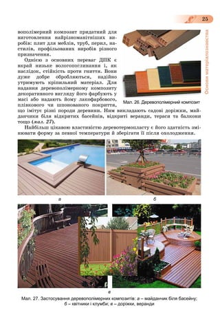 Основиматеріалознавства
25
âîïîëіìåðíèé êîìïîçèò ïðèäàòíèé äëÿ
âèãîòîâëåííÿ íàéðіçíîìàíіòíіøèõ âè-
ðîáіâ: ïëèò äëÿ ìåáëіâ, òðóá, ïåðèë, íà-
ñòèëіâ, ïðîôіëüîâàíèõ âèðîáіâ ðіçíîãî
ïðèçíà÷åííÿ.
Îäíієþ ç îñíîâíèõ ïåðåâàã ÄÏÊ є
âêðàé íèçüêå âîëîãîïîãëèíàííÿ і, ÿê
íàñëіäîê, ñòіéêіñòü ïðîòè ãíèòòÿ. Âîíè
äóæå äîáðå îáðîáëÿþòüñÿ, íàäіéíî
óòðèìóþòü êðіïèëüíèé ìàòåðіàë. Äëÿ
íàäàííÿ äåðåâîïîëіìåðíîìó êîìïîçèòó
äåêîðàòèâíîãî âèãëÿäó éîãî ôàðáóþòü ó
ìàñі àáî íàäàþòü éîìó ëàêîôàðáîâîãî,
ïëіâêîâîãî ÷è øïîíîâàíîãî ïîêðèòòÿ,
ùî іìіòóє ðіçíі ïîðîäè äåðåâèíè. Íèì âèêëàäàþòü ñàäîâі äîðіæêè, ìàé-
äàí÷èêè áіëÿ âіäêðèòèõ áàñåéíіâ, âіäêðèòі âåðàíäè, òåðàñè òà áàëêîíè
òîùî (ìàë. 27).
Íàéáіëüø öіêàâîþ âëàñòèâіñòþ äåðåâîòåðìîïëàñòó є éîãî çäàòíіñòü çìі-
íþâàòè ôîðìó çà ïåâíîї òåìïåðàòóðè é çáåðіãàòè її ïіñëÿ îõîëîäæåííÿ.
а б
в
Мал. 27. Застосування деревополімерних композитів: а – майданчик біля басейну;
б – квітники і клумби;б в – доріжки, веранди
Мал. 26. Деревополімерний композит
 