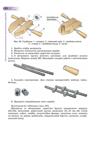 Технологіявиготовленнякомплекснихвиробів
64
2
3 4 Циліндрична
заготовка
5
6
1
Мал. 68. Струбцини: 1 – колодки; 2 – овальний отвір;2 3 – різьбова штанга;3
4 – стяжка; 5 – запобіжне кільце;5 6 – ручка6
1. Çðîáіòü ïіäáіð ìàòåðіàëіâ.
2. Âèçíà÷òå òåõíîëîãіþ âèãîòîâëåííÿ âèðîáó.
3. Ðîçìіòüòå òà âèïèëÿéòå äåðåâ’ÿíі êîëîäêè.
4. Ç ìåòàëåâîãî ïðóòêà âèòî÷іòü çàãîòîâêó äëÿ ðіçüáîâîї øòàíãè
(øïèëüêè). Íàðіæòå ðіçüáó Ì8. Âèêîíàéòå òîêàðíі ðîáîòè ç âèãîòîâëåííÿ
ðó÷êè.
5. Ñêëàäіòü êîíñòðóêöіþ. Äëÿ ñòÿæêè âèêîðèñòàéòå ìåáëåâó ãàéêó-
áî÷іâêó.
6. Ïðîâåäіòü âèïðîáóâàííÿ ñâîãî âèðîáó.
Âèãîòîâëÿєìî ãîäіâíèöþ (ìàë. 69).
Ìàòåðіàëè òà îáëàäíàííÿ: äåðåâ’ÿíі áðóñêè êâàäðàòíîãî ïåðåðіçó
(2525), ìåòàëåâèé, äåðåâ’ÿíèé ïðóòîê äіàìåòðîì 10…14 ìì àáî ãîòîâі
øïèëüêè, ãàéêè, øàéáè, âîëîãîñòіéêà ôàíåðà, îðãàíі÷íå ñêëî, íîæіâêà
ïî ìåòàëó, ïî äåðåâó äðіáíîçóáà, ñâåðäëèëüíèé âåðñòàò, íàïèëêè, øëіôó-
âàëüíèé ïàïіð.
 