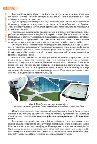 Основиматеріалознавства
6
Âëàñòèâіñòü ìàòåðіàëó – öå éîãî çäàòíіñòü ïåâíèì ÷èíîì ðåàãóâàòè
íà âïëèâ іççîâíі. Ðåàêöіÿ ìàòåðіàëó íà òàêèé âïëèâ çàëåæèòü âіä éîãî
õіìі÷íîãî ñêëàäó і ñòðóêòóðè.
Áóäîâó ïðèðîäíèõ ìàòåðіàëіâ îáóìîâëþþòü îñîáëèâîñòі їõ ïîõîäæåííÿ
é óìîâè óòâîðåííÿ, à øòó÷íèõ – òåõíîëîãіÿ їõ âèðîáíèöòâà òà îáðîáêè.
Óñіì êîíñòðóêöіéíèì ìàòåðіàëàì ïðèòàìàííі òåõíîëîãі÷íі òà åêñïëóàòà-
öіéíі âëàñòèâîñòі.
Òåõíîëîãі÷íі âëàñòèâîñòі ïðîÿâëÿþòüñÿ â ïðîöåñі âèãîòîâëåííÿ, ïåðå-
ðîáêè òà âèêîðèñòàííÿ ìàòåðіàëіâ і âèðîáіâ ç íèõ. Òàêèìè âëàñòèâîñòÿìè,
íàïðèêëàä, є çäàòíіñòü ìàòåðіàëіâ ïіääàâàòèñü ðіçàííþ, çãèíàííþ, òî÷іííþ,
øëіôóâàííþ, ïîëіðóâàííþ òîùî. Òåõíîëîãі÷íі âëàñòèâîñòі ìàþòü âåëèêå
ïðàêòè÷íå çíà÷åííÿ, îñêіëüêè âіä íèõ çàëåæèòü ÿêіñòü ïðîäóêöії.
Åêñïëóàòàöіéíі âëàñòèâîñòі êîíñòðóêöіéíèõ ìàòåðіàëіâ – öå їõ çäàò-
íіñòü óïðîäîâæ âèçíà÷åíîãî òåðìіíó çàäîâîëüíÿòè ïåâíі âèìîãè. Äî òàêèõ
âëàñòèâîñòåé íàëåæàòü çíîñîñòіéêіñòü (ãàëüìіâíі êîëîäêè êîëåñà àâòîìî-
áіëÿ), òåðìîñòіéêіñòü (çàõèñíèé êîñòþì ïîæåæíèêà), âîäîíåïðîíèêíіñòü
(êîñòþì âîäîëàçà) òîùî.
Îäíàê ó áàãàòüîõ âèïàäêàõ âèêîðèñòàííÿ ñèðîâèíè ç ïðèðîäíèõ ìàòå-
ðіàëіâ íà äàє çìîãè êîíñòðóþâàòè âèðîáè ç íàïåðåä âèçíà÷åíèìè âëàñòè-
âîñòÿìè. Íàïðèêëàä, êîëè ïîòðіáíî âèãîòîâèòè ñêëî, ÿêå áóëî á òàê ñàìî
ïðîçîðèì, ÿê і çâè÷àéíå, àëå ìіöíèì. Äëÿ öüîãî âèêîðèñòîâóþòü òàê çâà-
íå ëàìіíîâàíå ñêëî, ìіæ øàðàìè ÿêîãî ïðîêëàäàþòü ñïåöіàëüíó ïîëіìåð-
íó ïëіâêó àáî ìåòàëåâó ñіòêó (àðìîâàíå ñêëî). Òàêå ñêëî ìàє âèñîêó ïðî-
çîðіñòü і є íàäçâè÷àéíî ìіöíèì (ìàë. 2).
Мал. 2. Вироби зі скла з високою міцністю:
а – стіл зі скляною кришкою; б – вітражні вікна; в – лобове скло автомобіля
Øòó÷íî âèãîòîâëåíі ìàòåðіàëè, ÿêі ñêëàäàþòüñÿ ç äâîõ і áіëüøå êîìïî-
íåíòіâ і âèÿâëÿþòü ñóêóïíіñòü âëàñòèâîñòåé, ïðèòàìàííèõ êîæíîìó
êîìïîíåíòó, íàçèâàþòü êîìïîçèöіéíèìè ìàòåðіàëàìè, àáî êîìïîçè-
òàìè.
Êîìïîçèòè – öå íîâі êîíñòðóêöіéíі ìàòåðіàëè, ÿêі âèãîòîâëÿþòü, ïîєä-
íóþ÷è êіëüêà ïðèðîäíèõ àáî øòó÷íèõ ìàòåðіàëіâ. Òàêå ïîєäíàííÿ ìîæå
áóòè âèêîíàíî ó âèãëÿäі êîíôіãóðàöії îäíîðіäíèõ ñèðîâèííèõ ìàòåðіàëіâ.
Ïðè öüîìó êîæåí іç êîìïîíåíòіâ çáåðіãàє ñâîї âëàñòèâîñòі. Ç êîìïîçèöіé-
íèõ ìàòåðіàëіâ âèãîòîâëÿþòü äåòàëі äëÿ ãàçîâîãî òà íàôòîâîãî îáëàäíàí-
íÿ, ïîáóòîâîї, àâіàöіéíîї òåõíіêè, åëåêòðîàðìàòóðó òîùî.
а
б
в
 