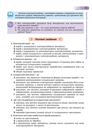 Технологіявиготовленнякомплекснихвиробів
71
Штанга (шпилька) різьбова – металевий стрижень з нанесеною на нього
метричною різьбою невизначеної довжини, призначений для кріплення або
стягування кріпильних конструкцій.
1. ßêі êîíñòðóêöіéíі ìàòåðіàëè áóëî âèêîðèñòàíî äëÿ âèãîòîâëåííÿ
êîìïëåêñíîãî âèðîáó?êî ëåêñ î î ðîáó?
2. Ùî âàì âäàëîñÿ, à ùî – íі â õîäі âèêîíàííÿ òâîð÷îї ðîáîòè?. Ùî à äàëîñÿ, à ùî îä êî à ÿ îð î ðîáî ?
3. ×è äîâåëîñÿ çâåðòàòèñÿ ïî äîïîìîãó äî â÷èòåëÿ ïіä ÷àñ âèêîíàííÿ
ðîáîòè? ×îìó?
Тестові завдання
1. Комплексний виріб – це:
À âèðіá ç îäíîðіäíîãî êîíñòðóêöіéíîãî ìàòåðіàëó
Á âèðіá ç ðіçíîìàíіòíèõ êîíñòðóêöіéíèõ ìàòåðіàëіâ
Â âèðіá ç îäíîðіäíèõ òà ðіçíîìàíіòíèõ êîíñòðóêöіéíèõ ìàòåðіàëіâ
Ã âèðіá, ÿêèé ñêëàäàєòüñÿ ç äåòàëåé òà âóçëіâ, âèãîòîâëåíèõ ç îäíî-
ðіäíèõ і ðіçíîìàíіòíèõ êîíñòðóêöіéíèõ ìàòåðіàëіâ
2. Складальна одиниця – це:
À âèðіá, ñêëàäîâі ÷àñòèíè ÿêîãî ïіäëÿãàþòü ç’єäíàííþ ìіæ ñîáîþ çà
äîïîìîãîþ ñêëàäàëüíèõ îïåðàöіé
Á âèðіá, äëÿ ÿêîãî êîíñòðóêöієþ ïåðåäáà÷åíî ðîçáèðàííÿ éîãî íà
ñêëàäîâі ÷àñòèíè
Â îáèäâі âіäïîâіäі ïðàâèëüíі
3. Складальний кресленик – це:
À äîêóìåíò, ùî âèçíà÷àє ãåîìåòðè÷íі ôîðìè (êîíòóðè) âèðîáó і êî-
îðäèíàòè ðîçòàøóâàííÿ ñêëàäàëüíèõ îäèíèöü
Á äîêóìåíò, ùî âèçíà÷àє êîíñòðóêöіþ âèðîáó, âçàєìîäіþ éîãî ñêëà-
äàëüíèõ îäèíèöü, à òàêîæ ìіñòèòü ïåðåëіê ñêëàäàëüíèõ îäèíèöü,
âèçíà÷åíèé áåçïîñåðåäíüî íà çîáðàæåííі ÷è çâåäåíèé äî òàáëèöі
Â äîêóìåíò, ùî ìіñòèòü êîíòóðíå (ñïðîùåíå) çîáðàæåííÿ âèðîáó ç
ãàáàðèòíèìè, âñòàíîâëþâàëüíèìè і ïðèєäíóâàëüíèìè ðîçìіðàìè
Ã äîêóìåíò, ùî ìіñòèòü çîáðàæåííÿ ñêëàäàëüíîї îäèíèöі òà іíøі
äàíі, ïîòðіáíі äëÿ ñêëàäàííÿ (âèãîòîâëåííÿ) і êîíòðîëþ
4. Що таке специфікація на складальному кресленику?
À òàáëèöÿ, ÿêà ìіñòèòü âіäîìîñòі ïðî êіëüêіñòü âèäіâ, ìàñøòàá, íàçâó
äåòàëі òà ìàòåðіàë, ç ÿêîãî її âèãîòîâëåíî
Á òàáëèöÿ, ÿêà ìіñòèòü îñíîâíі âіäîìîñòі ïðî äåòàëі, ùî âõîäÿòü äî
âèðîáó
Â îêðåìèé êðåñëåíèê êîæíîї äåòàëі çі ñêëàäàëüíîãî êðåñëåíèêà
5. Розмічання заготовок майбутнього виробу виконують:
À òî÷íî çà êðåñëåíèêîì
Á ç ïðèïóñêîì íà îáðîáêó
Â ç íàäëèøêîì øàðó ìàòåðіàëó, ðîçìіð ÿêîãî çàëåæèòü âіä âèäó
êîíñòðóêöіéíîãî ìàòåðіàëó
 