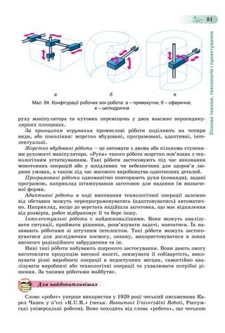 Основитехніки,технологійіпроектування
81
а б в
Мал. 84. Конфігурації робочих зон робота: а – прямокутна; б – сферична;б
в – циліндрична
ðóõó ìàíіïóëÿòîðà òà êóòîâèõ ïåðåìіùåíü ó äâîõ âçàєìíî ïåðïåíäèêó-
ëÿðíèõ ïëîùèíàõ.
Çà ïðèíöèïîì êåðóâàííÿ ïðîìèñëîâі ðîáîòè ïîäіëÿþòü íà ÷îòèðè
âèäè, àáî ïîêîëіííÿ: æîðñòêî âáóäîâàíі, ïðîãðàìîâàíі, àäàïòèâíі, іíòå-
ëåêòóàëüíі.
Æîðñòêî âáóäîâàíі ðîáîòè – öå àâòîìàòè ç äâîìà àáî êіëüêîìà ñòóïåíÿ-
ìè ðóõîìîñòі ìàíіïóëÿòîðà. «Ðóêà» òàêîãî ðîáîòà æîðñòêî ïîâ’ÿçàíà ç òåõ-
íîëîãі÷íèì óñòàòêóâàííÿì. Òàêі ðîáîòè çàñòîñîâóþòü ïіä ÷àñ âèêîíàííÿ
ìîíîòîííèõ îïåðàöіé àáî ó øêіäëèâèõ ÷è íåáåçïå÷íèõ äëÿ çäîðîâ’ÿ ëþ-
äèíè óìîâàõ, à òàêîæ ïіä ÷àñ ìàñîâîãî âèðîáíèöòâà îäíîòèïíèõ äåòàëåé.
Ïðîãðàìîâàíі ðîáîòè îäíîìàíіòíî ïîâòîðþþòü ðóõè (êîìàíäè), çàäàíі
ïðîãðàìîþ, íàïðèêëàä øòàìïóâàííÿ çàãîòîâîê äëÿ íàäàííÿ їì âèçíà÷å-
íîї ôîðìè.
Àäàïòèâíі ðîáîòè â õîäі âèêîíàííÿ òåõíîëîãі÷íîї îïåðàöії çàëåæíî
âіä îáñòàâèí ìîæóòü ïåðåïðîãðàìîâóâàòèñü (àäàïòîâóâàòèñü) àâòîìàòè÷-
íî. Íàïðèêëàä, ÿêùî äî âåðñòàòà íàäіéøëà çàãîòîâêà, ùî ìàє âіäõèëåííÿ
âіä ðîçìіðіâ, ðîáîò âіäáðàêîâóє її òà áåðå іíøó.
Іíòåëåêòóàëüíі ðîáîòè є íàéäîñêîíàëіøèìè. Âîíè ìîæóòü àíàëіçó-
âàòè ñèòóàöії, ïðèéìàòè ðіøåííÿ, ðîçâ’ÿçóâàòè çàäà÷і, íàâ÷àòèñÿ. Їõ íà-
çèâàþòü ðîáîòàìè çі øòó÷íèì іíòåëåêòîì. Òàêі ðîáîòè ìîæóòü çàñòîñî-
âóâàòèñÿ äëÿ äîñëіäæåííÿ êîñìîñó, îêåàíó, âèêîðèñòîâóâàòèñÿ â çîíàõ
âèñîêîãî ðàäіàöіéíîãî çàáðóäíåííÿ òà іí.
Íèíі òàêі ðîáîòè íàáóâàþòü øèðîêîãî çàñòîñóâàííÿ. Âîíè äàþòü çìîãó
âèãîòîâëÿòè ïðîäóêöіþ âèñîêîї ÿêîñòі, çíèæóâàòè її ñîáіâàðòіñòü, âèêî-
íóâàòè ðіçíі âèðîáíè÷і îïåðàöії â íåäîñòóïíèõ ìіñöÿõ, ñàìîñòіéíî àíà-
ëіçóâàòè âèðîáíè÷і àáî òåõíîëîãі÷íі îïåðàöії òà óõâàëþâàòè ïîòðіáíі ðі-
øåííÿ. Çà òàêèìè ðîáîòàìè ìàéáóòíє.
Äëÿ íàéäîïèòëèâіøèõ
Ñëîâî «ðîáîò» óïåðøå âèêîðèñòàâ ó 1920 ðîöі ÷åñüêèé ïèñüìåííèê Êà-
ðåë ×àïåê ó ï’єñі «R.U.R.» (÷åñüê. Rossumovi Univerzàlnі Robotiі , Ðîññóì-
ñüêі óíіâåðñàëüíі ðîáîòè). Âîíî ïîõîäèòü âіä ñëîâà «ðîáîòà», ùî ÷åñüêîþ
 