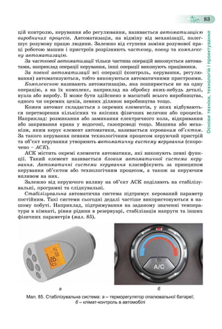 Основитехніки,технологійіпроектування
83
öіé êîíòðîëþ, êåðóâàííÿ àáî ðåãóëþâàííÿ, íàçèâàєòüñÿ àâòîìàòèçàöієþ
âèðîáíè÷èõ ïðîöåñіâ. Àâòîìàòèçàöіÿ, íà âіäìіíó âіä ìåõàíіçàöії, ïîëåã-
øóє ðîçóìîâó ïðàöþ ëþäèíè. Çàëåæíî âіä ñòóïåíÿ çàìіíè ðîçóìîâîї ïðà-
öі ðîáîòîþ ìàøèí і ïðèñòðîїâ ðîçðіçíÿþòü ÷àñòêîâó, ïîâíó òà êîìïëåêñ-
íó àâòîìàòèçàöіþ.
Çà ÷àñòêîâîї àâòîìàòèçàöії òіëüêè ÷àñòèíà îïåðàöіé âèêîíóєòüñÿ àâòîìà-ї
òàìè, íàïðèêëàä îïåðàöії êåðóâàííÿ, іíøі îïåðàöії âèêîíóþòü ïðàöіâíèêè.
Çà ïîâíîї àâòîìàòèçàöії âñі îïåðàöії (êîíòðîëü, êåðóâàííÿ, ðåãóëþ-ї
âàííÿ) àâòîìàòèçóþòüñÿ, òîáòî âèêîíóþòüñÿ àâòîìàòè÷íèìè ïðèñòðîÿìè.
Êîìïëåêñíîþ íàçèâàþòü àâòîìàòèçàöіþ, ÿêà ïîøèðþєòüñÿ íå íà îäíó
îïåðàöіþ, à íà їõ êîìïëåêñ, íàïðèêëàä íà îáðîáêó ÿêèõ-íåáóäü äåòàëі,
âóçëà àáî âèðîáó. Її ìîæå áóòè çäіéñíåíî â ìàñøòàáі âñüîãî âèðîáíèöòâà,
îäíîãî ÷è îêðåìèõ öåõіâ, ïåâíèõ äіëÿíîê âèðîáíèöòâà òîùî.
Êîæåí àâòîìàò ñêëàäàєòüñÿ ç îêðåìèõ åëåìåíòіâ, ó ÿêèõ âіäáóâàþòü-
ñÿ ïåðåòâîðåííÿ êіëüêіñíèõ òà ÿêіñíèõ ôіçè÷íèõ âåëè÷èí àáî ïðîöåñіâ.
Íàïðèêëàä: ðîçìèêàííÿ àáî çàìèêàííÿ åëåêòðè÷íîãî êîëà, âіäêðèâàííÿ
àáî çàêðèâàííÿ êðàíà ó âîäîãîíі, ãàçîïðîâîäі òîùî. Ìàøèíà àáî ìåõà-
íіçì, ÿêèì êåðóє åëåìåíò àâòîìàòèêè, íàçèâàєòüñÿ êåðîâàíèì îá’єêòîì.
Çà òàêîãî êåðóâàííÿ ïåâíèì òåõíîëîãі÷íèì ïðîöåñîì êåðóþ÷èé ïðèñòðіé
òà îá’єêò êåðóâàííÿ óòâîðþþòü àâòîìàòè÷íó ñèñòåìó êåðóâàííÿ (ñêîðî-
÷åíî – ÀÑÊ).
ÀÑÊ ìіñòèòü îêðåìі åëåìåíòè àâòîìàòèêè, ÿêі âèêîíóþòü ïåâíі ôóíê-
öії. Òàêèé åëåìåíò íàçèâàєòüñÿ áëîêîì àâòîìàòè÷íîї ñèñòåìè êåðó-
âàííÿ. Àâòîìàòè÷íі ñèñòåìè êåðóâàííÿ êëàñèôіêóþòü çà ïðèíöèïîì
êåðóâàííÿ îá’єêòîì àáî òåõíîëîãі÷íèì ïðîöåñîì, à òàêîæ çà êåðóþ÷èì
âïëèâîì íà íèõ.
Çàëåæíî âіä êåðóþ÷îãî âïëèâó íà îá’єêò ÀÑÊ ïîäіëÿþòü íà ñòàáіëіçó-
âàëüíі, ïðîãðàìíі òà ñëіäêóâàëüíі.
Ñòàáіëіçóâàëüíà àâòîìàòè÷íà ñèñòåìà ïіäòðèìóє êåðîâàíèé ïàðàìåòð
ïîñòіéíèì. Òàêі ñèñòåìè ñüîãîäíі äåäàëі ÷àñòіøå âèêîðèñòîâóþòüñÿ â íà-
øîìó ïîáóòі. Íàïðèêëàä, ïіäòðèìóâàííÿ íà çàäàíîìó çíà÷åííі òåìïåðà-
òóðè â êіìíàòі, ðіâíÿ ðіäèíè â ðåçåðâóàðі, ñòàáіëіçàöіÿ íàïðóãè òà іíøèõ
ôіçè÷íèõ ïàðàìåòðіâ (ìàë. 85).
а б
Мал. 85. Стабілізувальна система: а – терморегулятор опалювальної батареї;
б – клімат-контроль в автомобіліб
 