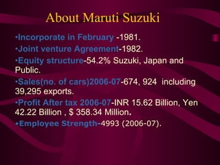 About Maruti Suzuki Incorporate in February  -1981. Joint venture Agreement -1982. Equity structure -54.2% Suzuki, Japan and Public. Sales(no. of cars)2006-07 -674, 924  including 39,295 exports. Profit After tax 2006-07 -INR 15.62 Billion, Yen 42.22 Billion , $ 358.34 Million . Employee Strength - 4993 (2006-07). 