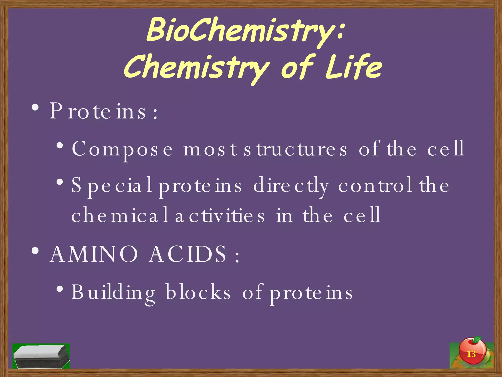 BioChemistry:  Chemistry of Life Proteins: Compose most structures of the cell Special proteins directly control the chemical activities in the cell AMINO ACIDS: Building blocks of proteins 