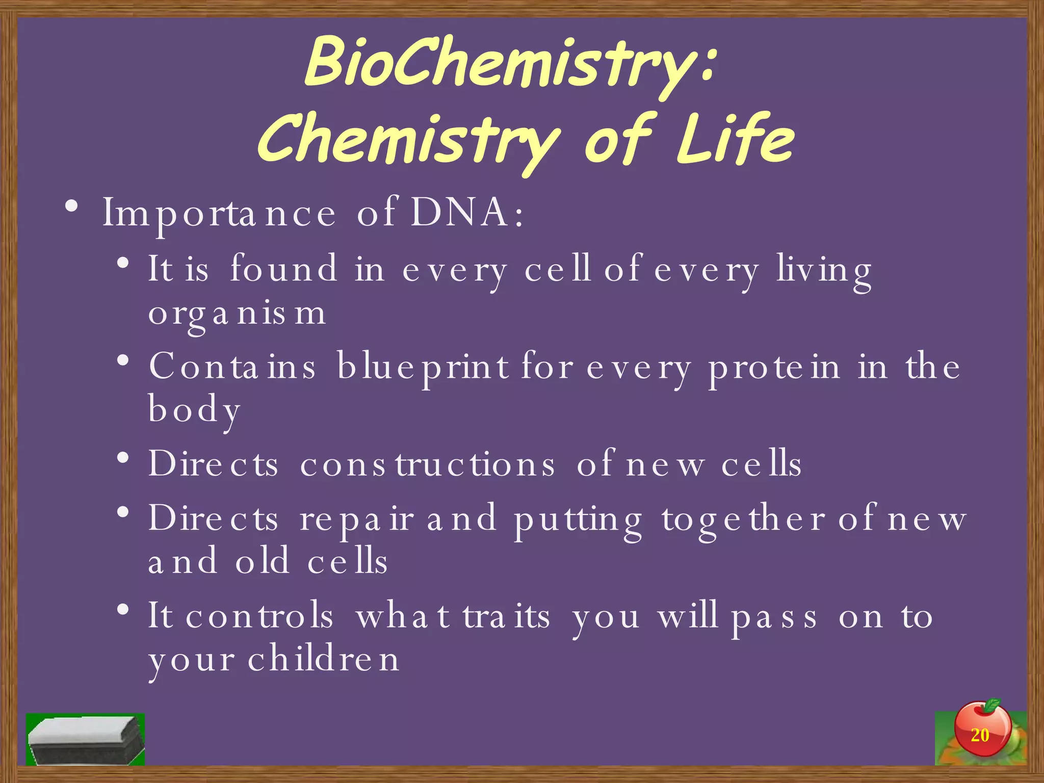 BioChemistry:  Chemistry of Life Importance of DNA: It is found in every cell of every living organism Contains blueprint for every protein in the body Directs constructions of new cells Directs repair and putting together of new and old cells It controls what traits you will pass on to your children 