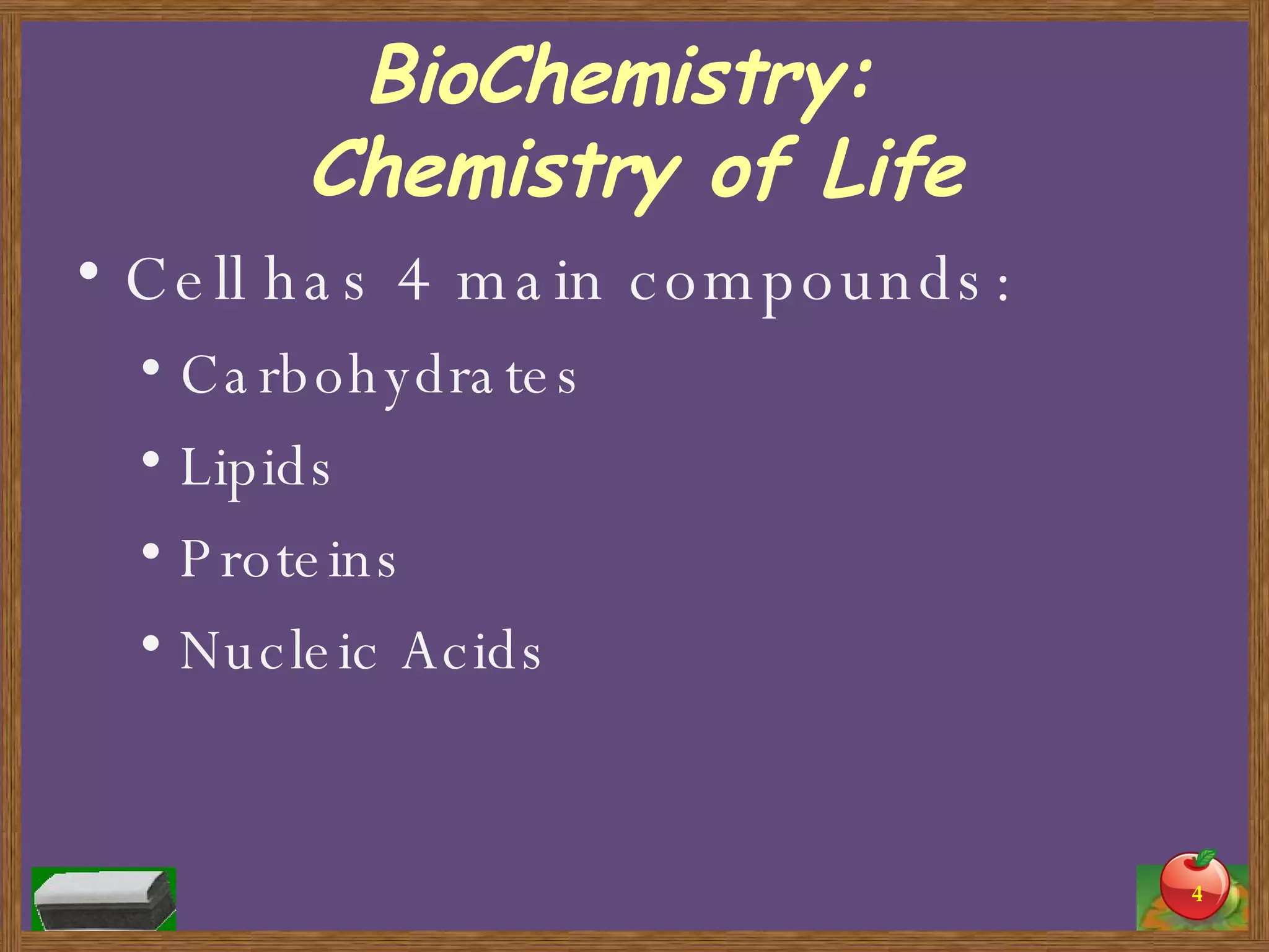 BioChemistry:  Chemistry of Life Cell has 4 main compounds: Carbohydrates Lipids Proteins Nucleic Acids 