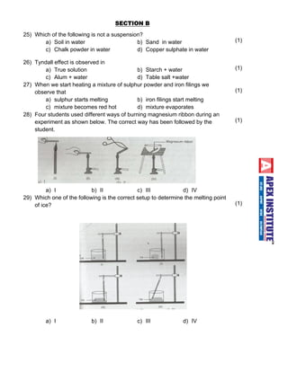 SECTION B 
25) Which of the following is not a suspension? 
a) Soil in water b) Sand in water 
c) Chalk powder in water d) Copper sulphate in water 
(1) 
26) Tyndall effect is observed in 
a) True solution b) Starch + water 
c) Alum + water d) Table salt +water 
(1) 
27) When we start heating a mixture of sulphur powder and iron filings we 
observe that 
a) sulphur starts melting b) iron filings start melting 
c) mixture becomes red hot d) mixture evaporates 
(1) 
28) Four students used different ways of burning magnesium ribbon during an 
experiment as shown below. The correct way has been followed by the 
student. 
a) I b) II c) III d) IV 
(1) 
29) Which one of the following is the correct setup to determine the melting point 
of ice? 
a) I b) II c) III d) IV 
(1) 
 