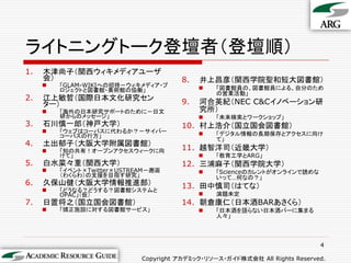 ライトニングトーク登壇者＇登壇順（
1.   木津尚子＇関西ウィキメディアユーザ
     会（                               8.   井上昌彦＇関西学院聖和短大図書館（
        「GLAM-WIKIへの招待－ウィキメディア・プ              「図書館員の、図書館員による、自分のため
         ロジェクトと図書館・美術館の協働」
                                                の営業活動」
2.   江上敏哲＇国際日本文化研究セン
     ター（                              9.   河合英紀＇NEC C&Cイノベーション研
        「海外の日本研究サポートのために－日文               究所（
         研からのメッセージ」                            「未来検索とワークショップ」
3.   石川慎一郎＇神戸大学（                      10. 村上浩介＇国立国会図書館（
        「ウェブはコーパスに代わるか？－サイバー                  「デジタル情報の長期保存とアクセスに向け
         コーパスの行方」
                                                て」
4.   土出郁子＇大阪大学附属図書館（
        「知の共有！オープンアクセスウィークに向         11. 越智洋司＇近畿大学（
         けて」                                   「教育工学とARG」
5.   白水菜々重＇関西大学（                      12. 三浦麻子＇関西学院大学（
        「イベント×Twitter×USTREAM－邂逅              「Scienceのカレントがオンラインで読めな
         ＇わくらわ（の支援を目指す研究」                       いって…何なの？」
6.   久保山健＇大阪大学情報推進部（                  13. 田中慎司＇はてな（
        「どうなる？どうする？図書館システムと
         OPAC」＇仮（                              演題未定
7.   日置将之＇国立国会図書館（                    14. 朝倉康仁＇日本酒BARあさくら（
        「矯正施設に対する図書館サービス」                     「日本酒を語らない日本酒バーに集まる
                                                人々」



                                                                            4

                            Copyright アカデミック・リソース・ガイド株式会社 All Rights Reserved.
 
