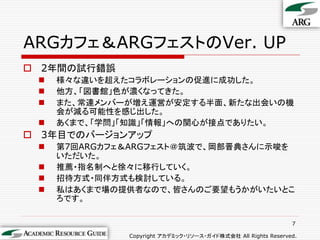 ARGカフェ＆ARGフェストのVer. UP
 2年間の試行錯誤
    様々な違いを超えたコラボレーションの促進に成功した。
    他方、「図書館」色が濃くなってきた。
    また、常連メンバーが増え運営が安定する半面、新たな出会いの機
     会が減る可能性を感じ出した。
    あくまで、「学問」「知識」「情報」への関心が接点でありたい。
 3年目でのバージョンアップ
    第7回ARGカフェ＆ARGフェスト＠筑波で、岡部晋典さんに示唆を
     いただいた。
    推薦・指名制へと徐々に移行していく。
    招待方式・同伴方式も検討している。
    私はあくまで場の提供者なので、皆さんのご要望もうかがいたいとこ
     ろです。

                                                              7

              Copyright アカデミック・リソース・ガイド株式会社 All Rights Reserved.
 