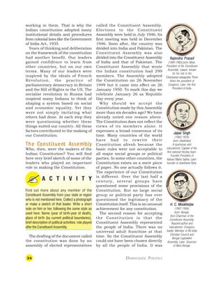 24 DEMOCRATIC POLITICS
working in them. That is why the
Indian constitution adopted many
institutional details and procedures
from colonial laws like the Government
of India Act, 1935.
Years of thinking and deliberation
on the framework of the constitution
had another benefit. Our leaders
gained confidence to learn from
other countries, but on our own
terms. Many of our leaders were
inspired by the ideals of French
Revolution, the practice of
parliamentary democracy in Britain
and the Bill of Rights in the US. The
socialist revolution in Russia had
inspired many Indians to think of
shaping a system based on social
and economic equality. Yet they
were not simply imitating what
others had done. At each step they
were questioning whether these
things suited our country. All these
factors contributed to the making of
our Constitution.
T
T
T
T
The C
he C
he C
he C
he Constituen
onstituen
onstituen
onstituen
onstituent A
t A
t A
t A
t Assembly
ssembly
ssembly
ssembly
ssembly
Who, then, were the makers of the
Indian Constitution? You will find
here very brief sketch of some of the
leaders who played an important
role in making the Constitution.
A C T I V I T Y
Find out more about any member of the
Constituent Assembly from your state or region
who is not mentioned here. Collect a photograph
or make a sketch of that leader. Write a short
note on him or her, following the same style as
used here: Name (year of birth-year of death),
place of birth (by current political boundaries),
brief description of political activities; role played
after the Constituent Assembly.
The drafting of the document called
the constitution was done by an
assembly of elected representatives
called the Constituent Assembly.
Elections to the Constituent
Assembly were held in July 1946. Its
first meeting was held in December
1946. Soon after, the country was
divided into India and Pakistan. The
Constituent Assembly was also
divided into the Constituent Assembly
of India and that of Pakistan. The
Constituent Assembly that wrote
the Indian constitution had 299
members. The Assembly adopted
the Constitution on 26 November
1949 but it came into effect on 26
January 1950. To mark this day we
celebrate January 26 as Republic
Day every year.
Why should we accept the
Constitution made by this Assembly
more than six decades ago? We have
already noted one reason above.
The Constitution does not reflect the
views of its members alone. It
expresses a broad consensus of its
time. Many countries of the world
have had to rewrite their
Constitution afresh because the
basic rules were not acceptable to
all major social groups or political
parties. In some other countries, the
Constitution exists as a mere piece
of paper. No one actually follows it.
The experience of our Constitution
is different. Over the last half a
century, several groups have
questioned some provisions of the
Constitution. But no large social
group or political party has ever
questioned the legitimacy of the
Constitution itself. This is an unusual
achievement for any constitution.
The second reason for accepting
the Constitution is that the
Constituent Assembly represented
the people of India. There was no
universal adult franchise at that
time. So the Constituent Assembly
could not have been chosen directly
by all the people of India. It was
Rajendra Prasad
Rajendra Prasad
Rajendra Prasad
Rajendra Prasad
Rajendra Prasad
(1884-1963) born: Bihar.
President of the Constituent
Assembly. Lawyer, known
for his role in the
Champaran satyagraha. Three
times the president of
Congress. Later: the first
President of India.
H. C. Mookherjee
H. C. Mookherjee
H. C. Mookherjee
H. C. Mookherjee
H. C. Mookherjee
(1887-1956)
born: Bengal.
Vice-Chairman of the
Constituent Assembly.
Reputed author and
educationist. Congress
leader. Member of All India
Christian Council and
Bengal Legislative
Assembly. Later: Governor
of West Bengal.
Jaipal Singh
Jaipal Singh
Jaipal Singh
Jaipal Singh
Jaipal Singh
(1903-1970)
born: Jharkhand
A sportsman and
educationist. Captain of the
first national Hockey team.
Founder President of
Adivasi Maha Sabha. Later:
founder of Jharkhand Party.
 