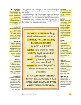 29
CONSTITUTIONAL DESIGN
REPUBLIC
REPUBLIC
REPUBLIC
REPUBLIC
REPUBLIC
The head of the state
is an elected person
and not a hereditary
position.
JUSTICE
JUSTICE
JUSTICE
JUSTICE
JUSTICE
Citizens cannot be
discriminated on the
grounds of caste,
religion and gender.
Social inequalities
have to be reduced.
Government should
work for the welfare
of all, especially of
the disadvantaged
groups.
LIBERTY
LIBERTY
LIBERTY
LIBERTY
LIBERTY
There are no
unreasonable
restrictions on the
citizens in what they
think, how they wish
to express their
thoughts and the way
they wish to follow up
their thoughts in
action.
EQUALITY
EQUALITY
EQUALITY
EQUALITY
EQUALITY
All are equal before
the law. The
traditional social
inequalities have to be
ended. The
government should
ensure equal
opportunity for all.
FRA
FRA
FRA
FRA
FRATERNITY
TERNITY
TERNITY
TERNITY
TERNITY
All of us should
behave as if we are
members of the same
family. No one should
treat a fellow citizen
as inferior.
WE, THE PEOPLE
WE, THE PEOPLE
WE, THE PEOPLE
WE, THE PEOPLE
WE, THE PEOPLE
OF INDIA
OF INDIA
OF INDIA
OF INDIA
OF INDIA
The constitution has
been drawn up and
enacted by the people
through their
representatives, and
not handed down to
them by a king or any
outside powers.
SO
SO
SO
SO
SOVEREIGN
VEREIGN
VEREIGN
VEREIGN
VEREIGN
People have supreme
right to make
decisions on internal
as well as external
matters. No external
power can dictate the
government of India.
SOCIALIST
SOCIALIST
SOCIALIST
SOCIALIST
SOCIALIST
Wealth is generated
socially and should
be shared equally by
society. Government
should regulate the
ownership of land and
industry to reduce
socio-economic
inequalities.
SECULAR
SECULAR
SECULAR
SECULAR
SECULAR
Citizens have
complete freedom to
follow any religion.
But there is no official
religion. Government
treats all religious
beliefs and practices
with equal respect.
DEMOCRA
DEMOCRA
DEMOCRA
DEMOCRA
DEMOCRATIC
TIC
TIC
TIC
TIC
A form of government
where people enjoy
equal political rights,
elect their rulers and
hold them account-
able. The government
is run according to
some basic rules.
Let us read the Preamble of our Constitution very
carefully and understand the meaning of each of its
key words.
The Preamble of the Constitution reads like a poem
on democracy. It contains the philosophy on which the
entire Constitution has been built. It provides a standard
to examine and evaluate any law and action of
government, to find out whether it is good or bad. It is
the soul of the Indian Constitution.
 