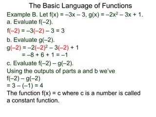 The Basic Language of Functions
Example B. Let f(x) = –3x – 3, g(x) = –2x2 – 3x + 1.
a. Evaluate f(–2).
f(–2) = –3(–2) – 3 = 3
b. Evaluate g(–2).
g(–2) = –2(–2)2 – 3(–2) + 1
= –8 + 6 + 1 = –1
c. Evaluate f(–2) – g(–2).
Using the outputs of parts a and b we’ve
f(–2) – g(–2)
= 3 – (–1) = 4
The function f(x) = c where c is a number is called
a constant function.
 