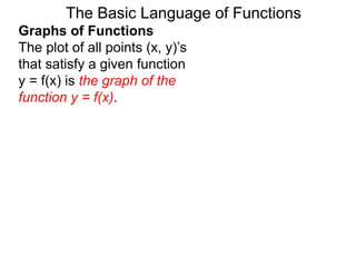 The Basic Language of Functions
Graphs of Functions
The plot of all points (x, y)’s
that satisfy a given function
y = f(x) is the graph of the
function y = f(x).
 