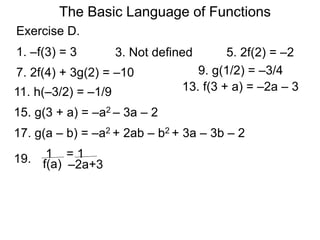 The Basic Language of Functions
1. –f(3) = 3 3. Not defined 5. 2f(2) = –2
7. 2f(4) + 3g(2) = –10 9. g(1/2) = –3/4
13. f(3 + a) = –2a – 3
15. g(3 + a) = –a2 – 3a – 2
17. g(a – b) = –a2 + 2ab – b2 + 3a – 3b – 2
19. f(a)
1 = 1
11. h(–3/2) = –1/9
Exercise D.
–2a+3
 