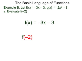 The Basic Language of Functions
Example B. Let f(x) = –3x – 3, g(x) = –2x2 – 3.
a. Evaluate f(–2)
f(x) = –3x – 3
f(–2)
 