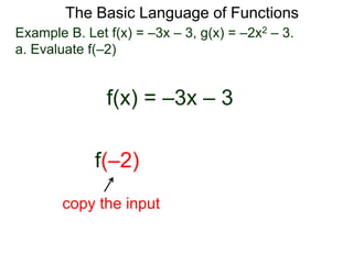 The Basic Language of Functions
Example B. Let f(x) = –3x – 3, g(x) = –2x2 – 3.
a. Evaluate f(–2)
f(x) = –3x – 3
f(–2)
copy the input
 