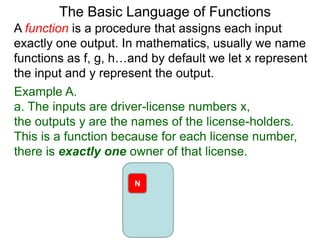Example A.
a. The inputs are driver-license numbers x,
the outputs y are the names of the license-holders.
This is a function because for each license number,
there is exactly one owner of that license.
The Basic Language of Functions
A function is a procedure that assigns each input
exactly one output. In mathematics, usually we name
functions as f, g, h…and by default we let x represent
the input and y represent the output.
N
 