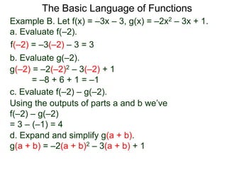 The Basic Language of Functions
Example B. Let f(x) = –3x – 3, g(x) = –2x2 – 3x + 1.
a. Evaluate f(–2).
f(–2) = –3(–2) – 3 = 3
b. Evaluate g(–2).
g(–2) = –2(–2)2 – 3(–2) + 1
= –8 + 6 + 1 = –1
c. Evaluate f(–2) – g(–2).
Using the outputs of parts a and b we’ve
f(–2) – g(–2)
= 3 – (–1) = 4
d. Expand and simplify g(a + b).
g(a + b) = –2(a + b)2 – 3(a + b) + 1
 