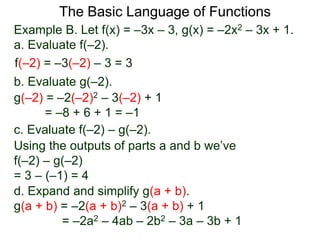 The Basic Language of Functions
Example B. Let f(x) = –3x – 3, g(x) = –2x2 – 3x + 1.
a. Evaluate f(–2).
f(–2) = –3(–2) – 3 = 3
b. Evaluate g(–2).
g(–2) = –2(–2)2 – 3(–2) + 1
= –8 + 6 + 1 = –1
c. Evaluate f(–2) – g(–2).
Using the outputs of parts a and b we’ve
f(–2) – g(–2)
= 3 – (–1) = 4
d. Expand and simplify g(a + b).
g(a + b) = –2(a + b)2 – 3(a + b) + 1
= –2a2 – 4ab – 2b2 – 3a – 3b + 1
 
