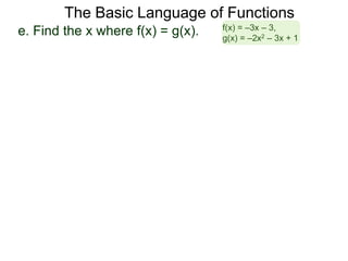The Basic Language of Functions
e. Find the x where f(x) = g(x). f(x) = –3x – 3,
g(x) = –2x2 – 3x + 1
 