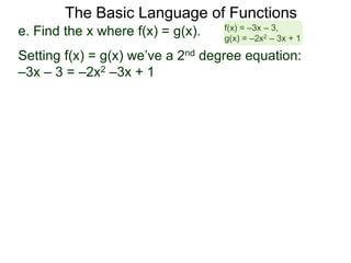 The Basic Language of Functions
e. Find the x where f(x) = g(x).
Setting f(x) = g(x) we’ve a 2nd degree equation:
–3x – 3 = –2x2 –3x + 1
f(x) = –3x – 3,
g(x) = –2x2 – 3x + 1
 