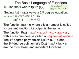The Basic Language of Functions
The function f(x) = c where c is a number is called
a constant function, its output is the same.
The function P(x) = anxn + an-1xn-1 + .. + a1x + a0,
with a’s as numbers, is called a polynomial function.
The 1st degree polynomials L(x) = ax + b and
the 2nd degree polynomials Q(x) = ax2 + bx + c
are the most basic and important functions.
e. Find the x where f(x) = g(x).
Setting f(x) = g(x) we’ve a 2nd degree equation:
–3x – 3 = –2x2 –3x + 1 so
2x2 = 4 → x = ±√2
f(x) = –3x – 3,
g(x) = –2x2 – 3x + 1
 