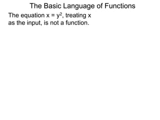 The Basic Language of Functions
The equation x = y2, treating x
as the input, is not a function.
 