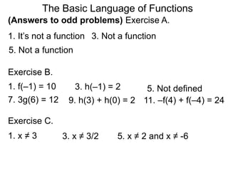 The Basic Language of Functions
(Answers to odd problems) Exercise A.
1. It’s not a function 3. Not a function
5. Not a function
Exercise B.
1. f(–1) = 10 3. h(–1) = 2 5. Not defined
7. 3g(6) = 12 9. h(3) + h(0) = 2 11. –f(4) + f(–4) = 24
1. x ≠ 3
Exercise C.
5. x ≠ 2 and x ≠ -6
3. x ≠ 3/2
 