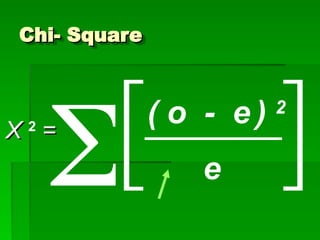 Chi- Square
Chi- Square
 
( o - e ) 2
e
X
X 2
=
=
 