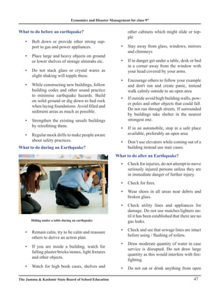 Economics and Disaster Management for class 9th
47
The Jammu  Kashmir State Board of School Education
What to do before an earthquake?
Bolt down or provide other strong sup-
•
port to gas and power appliances.
Place large and heavy objects on ground
•
or lower shelves of storage almirahs etc.
Do not stack glass or crystal wares as
•
slight shaking will topple these.
While constructing new buildings, follow
•
building codes and other sound practice
to minimise earthquake hazards. Build
on solid ground or dig down to bed rock
when laying foundations.Avoid filled and
sediment areas as much as possible.
Strengthen the existing unsafe buildings
•
by retrofitting them.
Regular mock drills to make people aware
•
about safety practices.
What to do during an Earthquake?
Remain calm, try to be calm and reassure
•
others to derive an action plan.
If you are inside a building, watch for
•
falling plaster/bricks/stones, light fixtures
and other objects.
Watch for high book cases, shelves and
•
other cabinets which might slide or top-
ple
Stay away from glass, windows, mirrors
•
and chimneys
If in danger get under a table, desk or bed
•
in a corner away from the window with
your head covered by your arms.
Encourage others to follow your example
•
and don't run and create panic, instead
walk calmly outside to an open area
If outside avoid high building walls, pow-
•
er poles and other objects that could fall.
Do not run through streets. If surrounded
by buildings take shelter in the nearest
strongest one.
If in an automobile, stop in a safe place
•
available, preferably an open area
Don’t use elevators while coming out of a
•
building instead use stair cases.
What to do after an Earthquake?
Check for injuries, do not attempt to move
•
seriously injured persons unless they are
in immediate danger of further injury.
Check for fires.
•
Wear shoes in all areas near debris and
•
broken glass.
Check utility lines and appliances for
•
damage. Do not use matches/lighters un-
til it has been established that there are no
gas leaks.
Check and see that sewage lines are intact
•
before using / flushing of toilets.
Draw moderate quantity of water in case
•
service is disrupted. Do not draw large
quantity as this would interfere with fire-
fighting.
Do not eat or drink anything from open
•
Hiding under a table during an earthquake
 