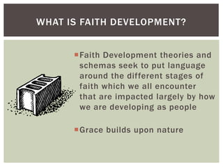 WHAT IS FAITH DEVELOPMENT?


      Faith Development theories and
       schemas seek to put language
       around the different stages of
       faith which we all encounter
       that are impacted largely by how
       we are developing as people

      Grace builds upon nature
 